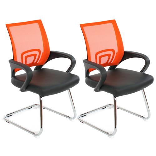 Im 2er-Set: Konferenzstuhl SEOUL NET, sehr bequem mit Netzstoff und Leder, Farbe Orange