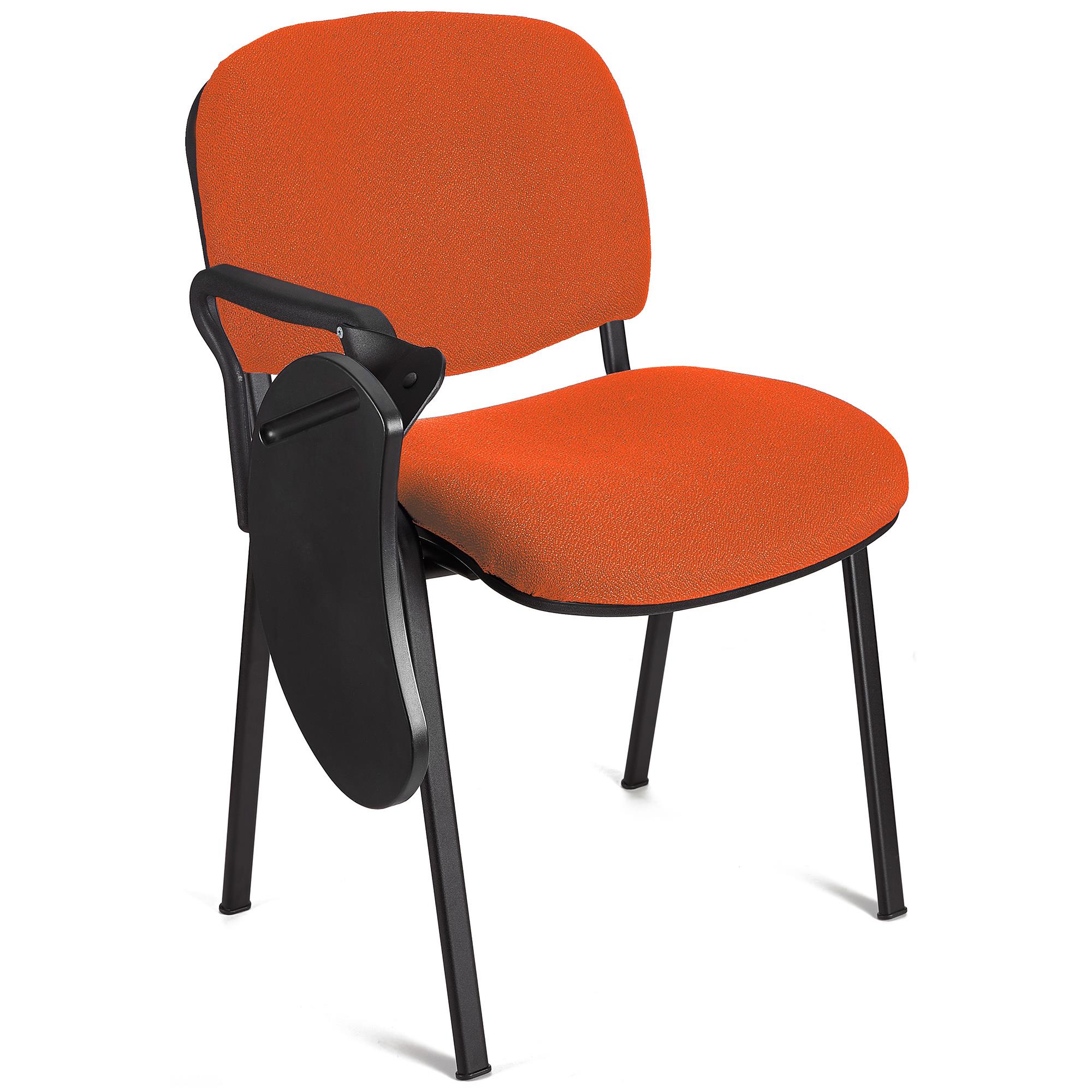 Konferenzstuhl MOBY mit klappbarem Schreibbrett, stapelbar und praktisch, schwarzes Gestell, Farbe Orange