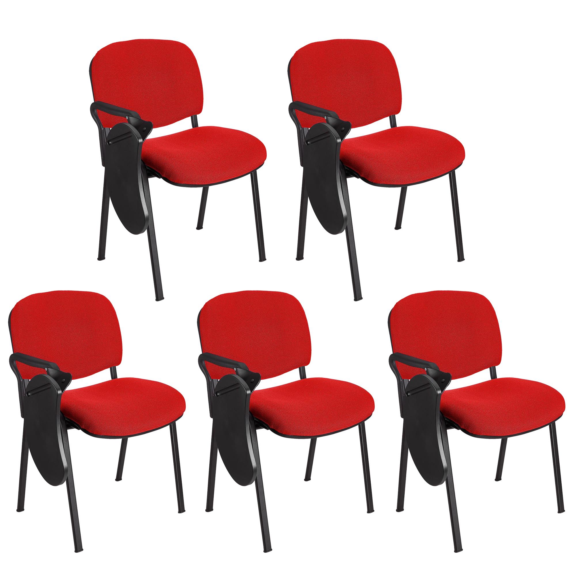 Im 5er-Set: Konferenzstuhl MOBY mit klappbarem Schreibbrett, stapelbar und praktisch, schwarzes Gestell, Farbe Rot