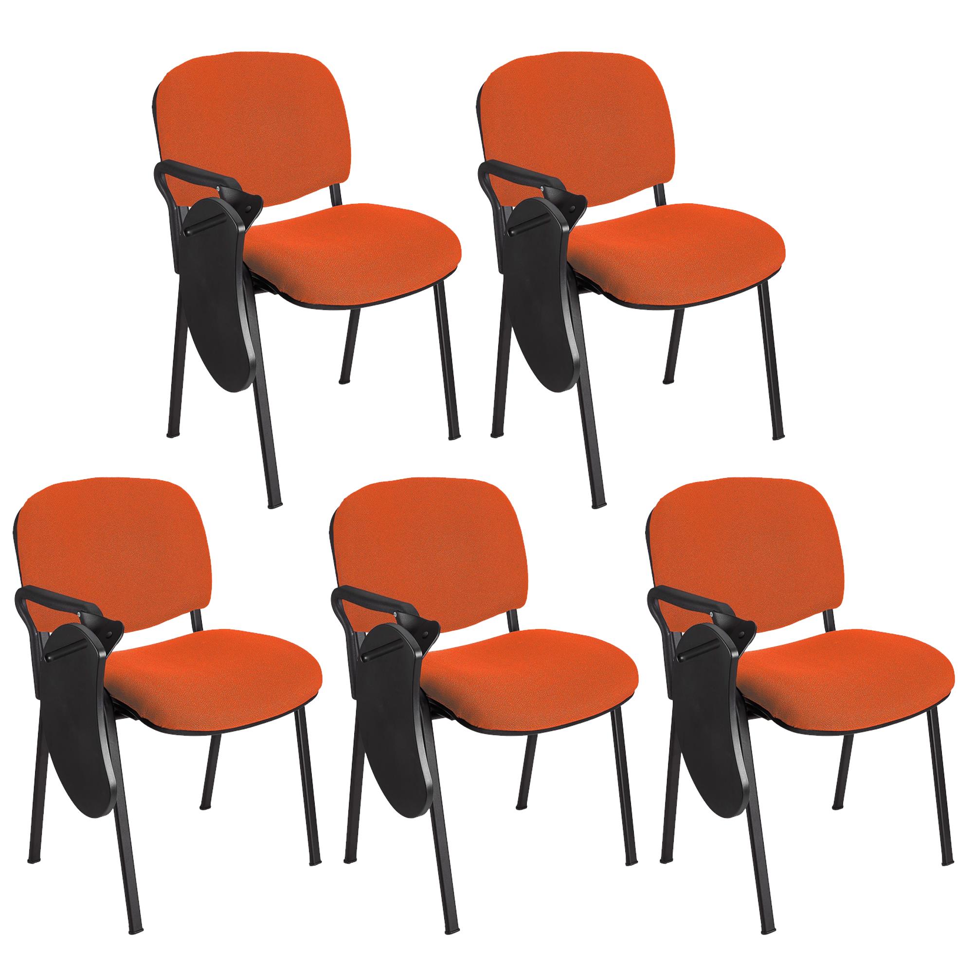 Im 5er-Set: Konferenzstuhl MOBY mit klappbarem Schreibbrett, stapelbar und praktisch, schwarzes Gestell, Farbe Orange