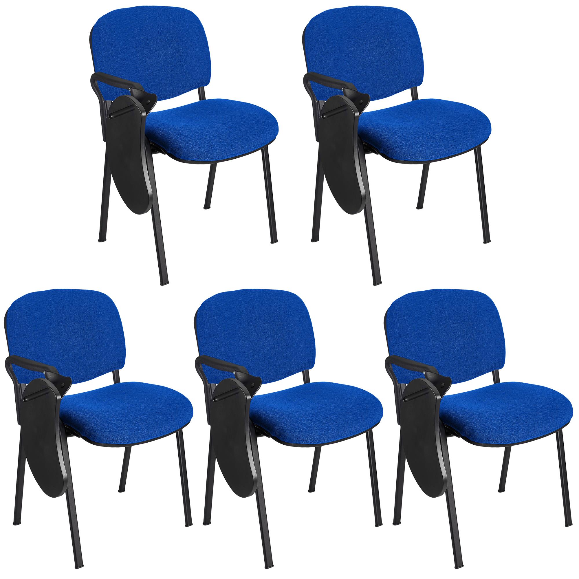 Im 5er-Set: Konferenzstuhl MOBY mit klappbarem Schreibbrett, stapelbar und praktisch, schwarzes Gestell, Farbe Blau