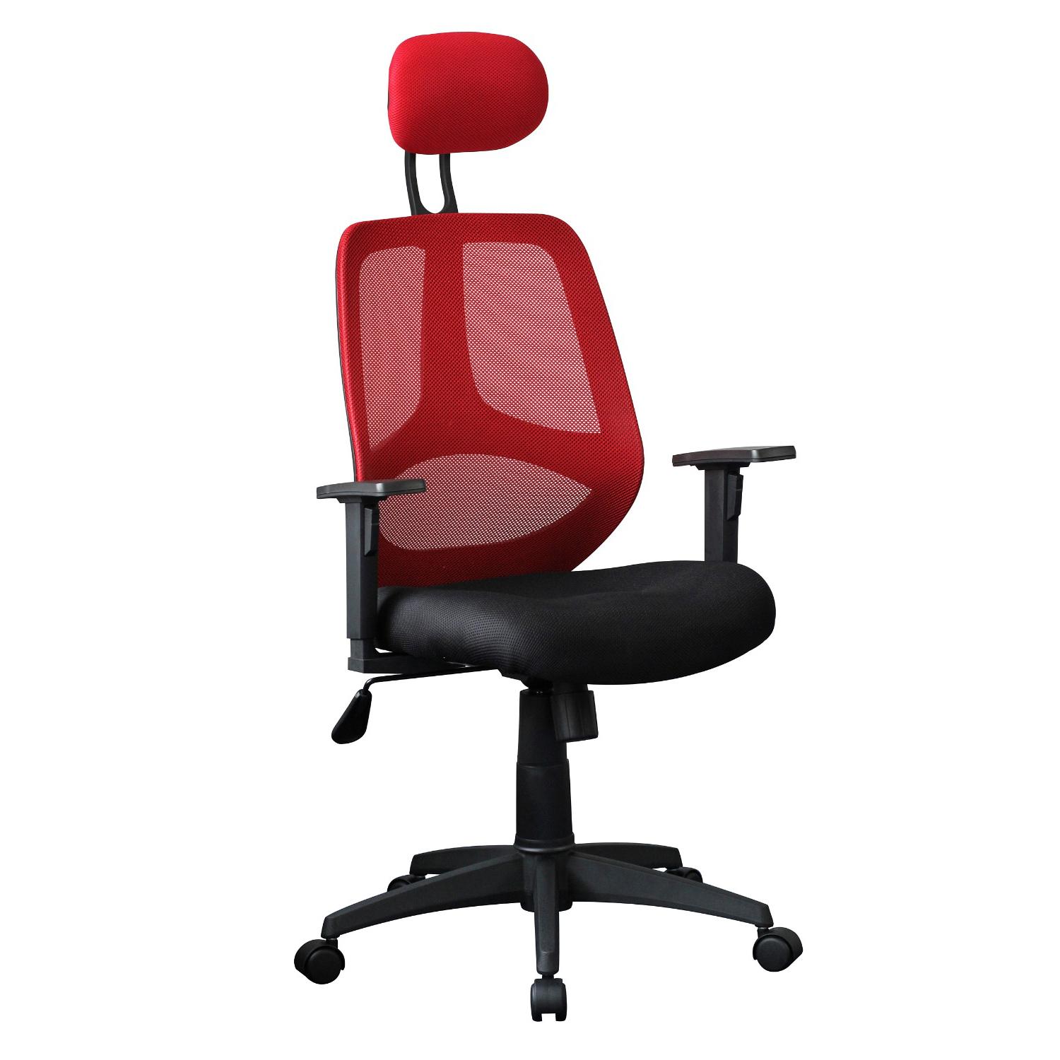Ergonomischer Bürostuhl DRAKE, verstellbare Kopfstütze und Armlehnen, atmungsaktiver Netzbezug, Farbe Rot / Schwarz