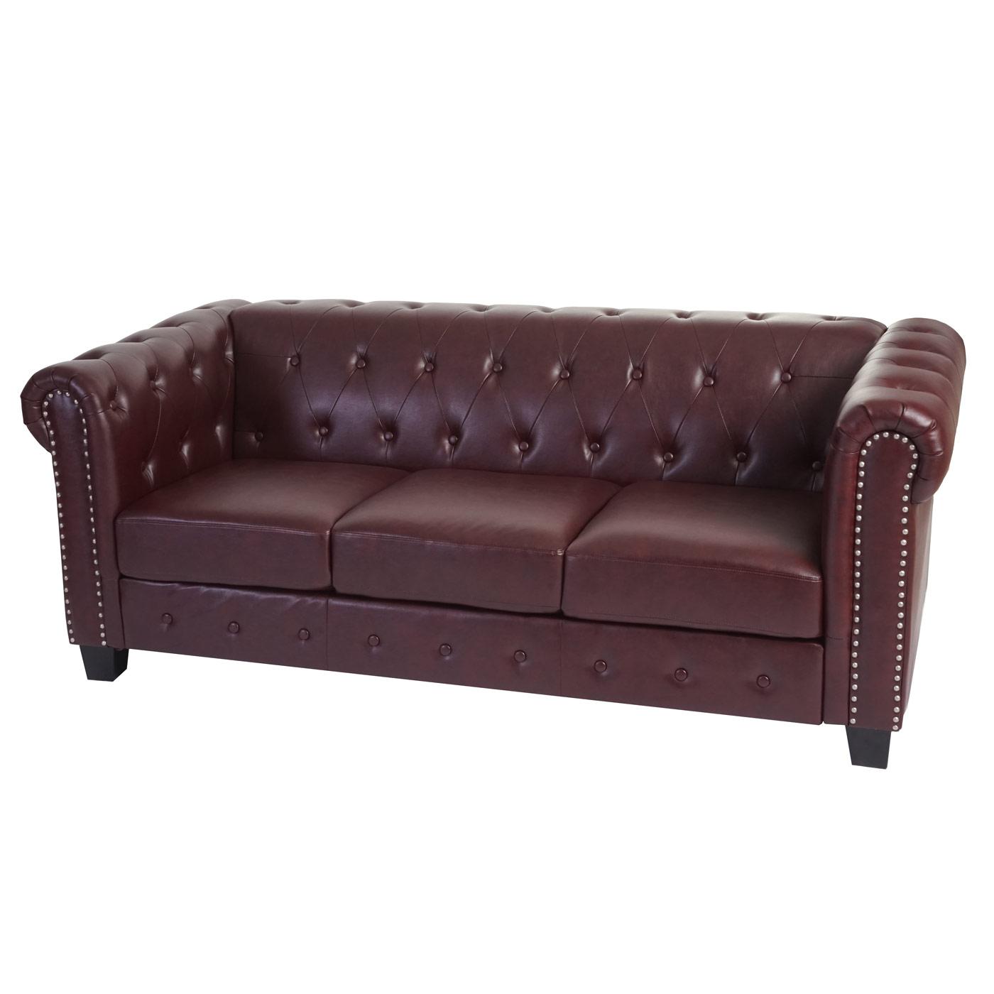 Sofa CHESTER, 3  Sitzer, klassisches und elegantes Design, Leder, quadratische Stuhlbeine, Farbe Burgunder