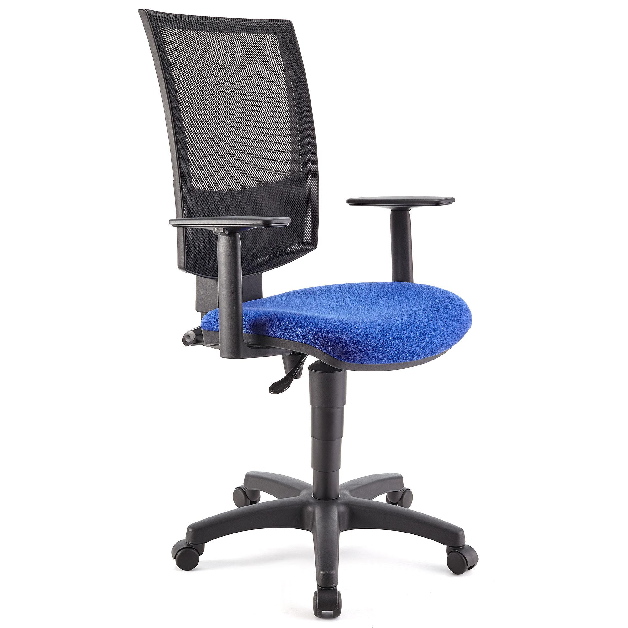 Bürostuhl PANDORA PLUS mit verstellbaren Armlehnen, Rückenlehne mit Netzbezug, dicke Polsterung, Farbe Blau