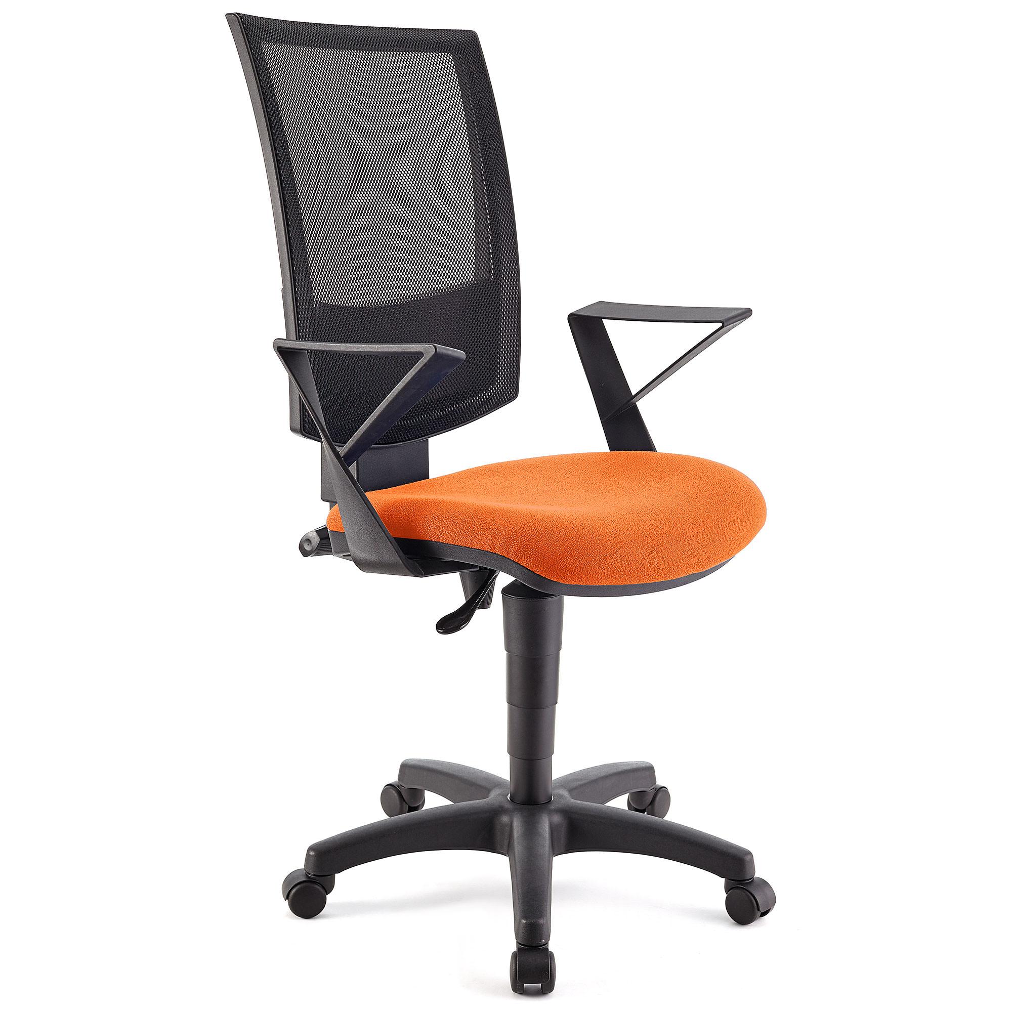 Bürostuhl PANDORA mit Armlehnen, Rückenlehne mit Netzbezug, dicke Polsterung, Farbe Orange