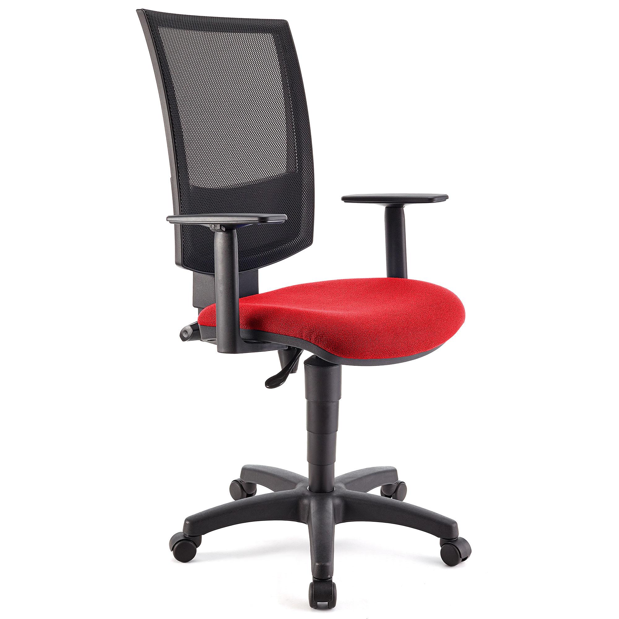 Bürostuhl PANDORA PLUS mit verstellbaren Armlehnen, Rückenlehne mit Netzbezug, dicke Polsterung, Farbe Rot