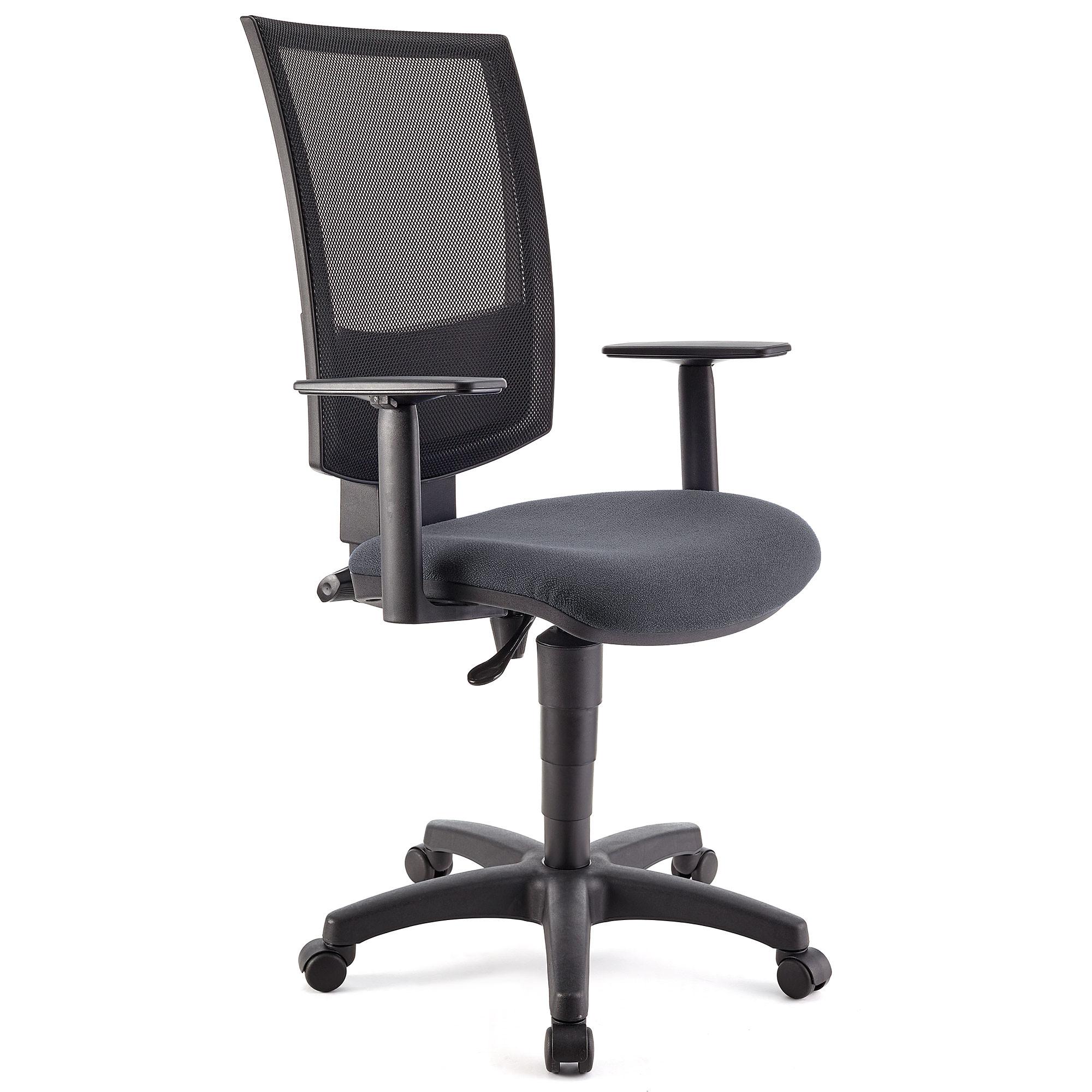 Bürostuhl PANDORA PLUS mit verstellbaren Armlehnen, Rückenlehne mit Netzbezug, dicke Polsterung, Farbe Grau