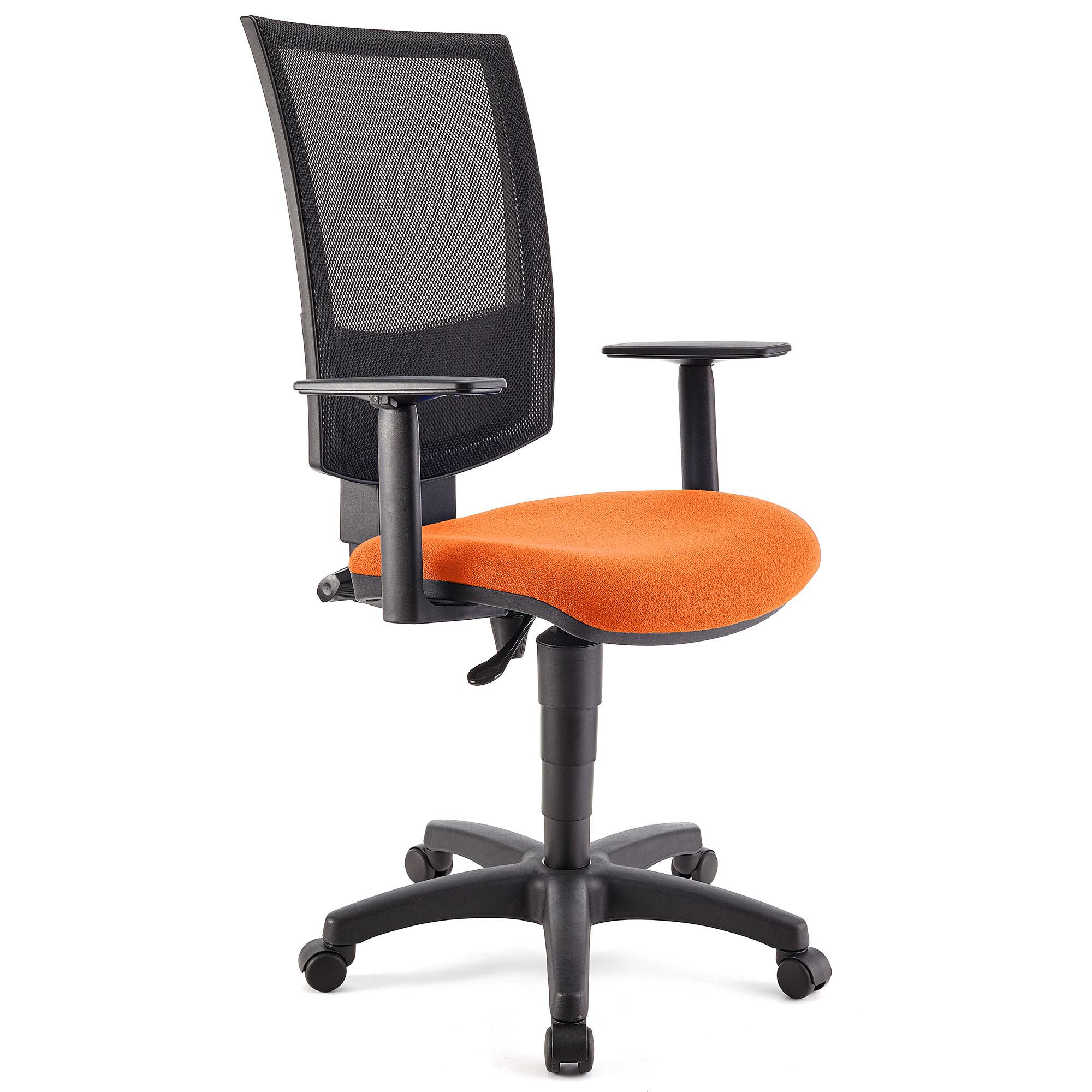 Bürostuhl PANDORA PLUS mit verstellbaren Armlehnen, Rückenlehne mit Netzbezug, dicke Polsterung, Farbe Orange