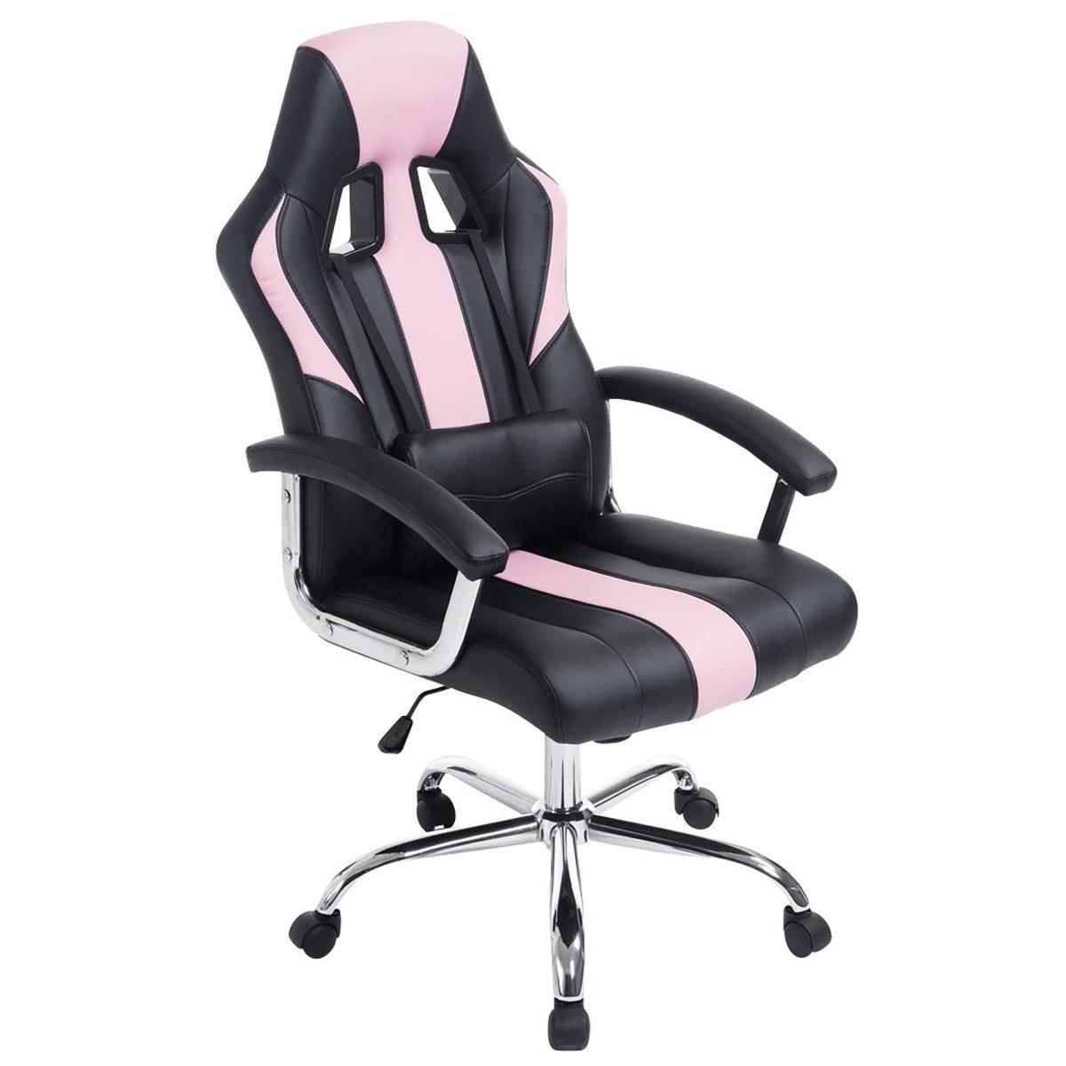 Gaming-Stuhl INDOS, sportliches Design, hoher Komfort, Metallfußkreuz, Lederbezug, Farbe Schwarz / Pink