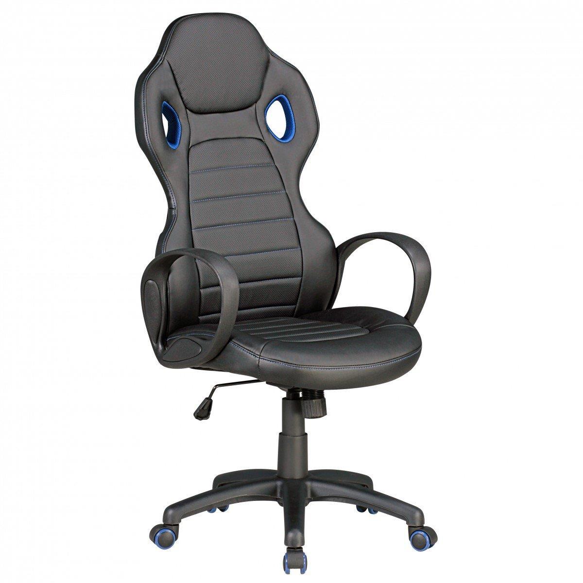 Gaming-Stuhl TUKANA, sportliches Design, hohe Rückenlehne, Lederbezug, Farbe Schwarz / Blau