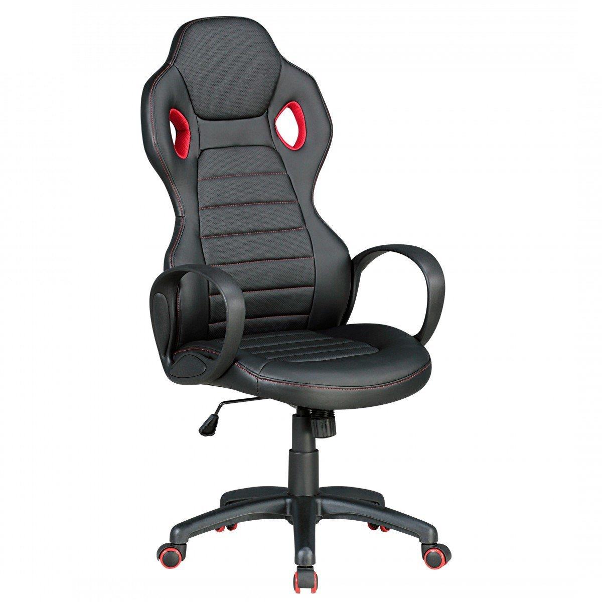 Gaming-Stuhl TUKANA, sportliches Design, hohe Rückenlehne, Lederbezug, Farbe Schwarz / Rot