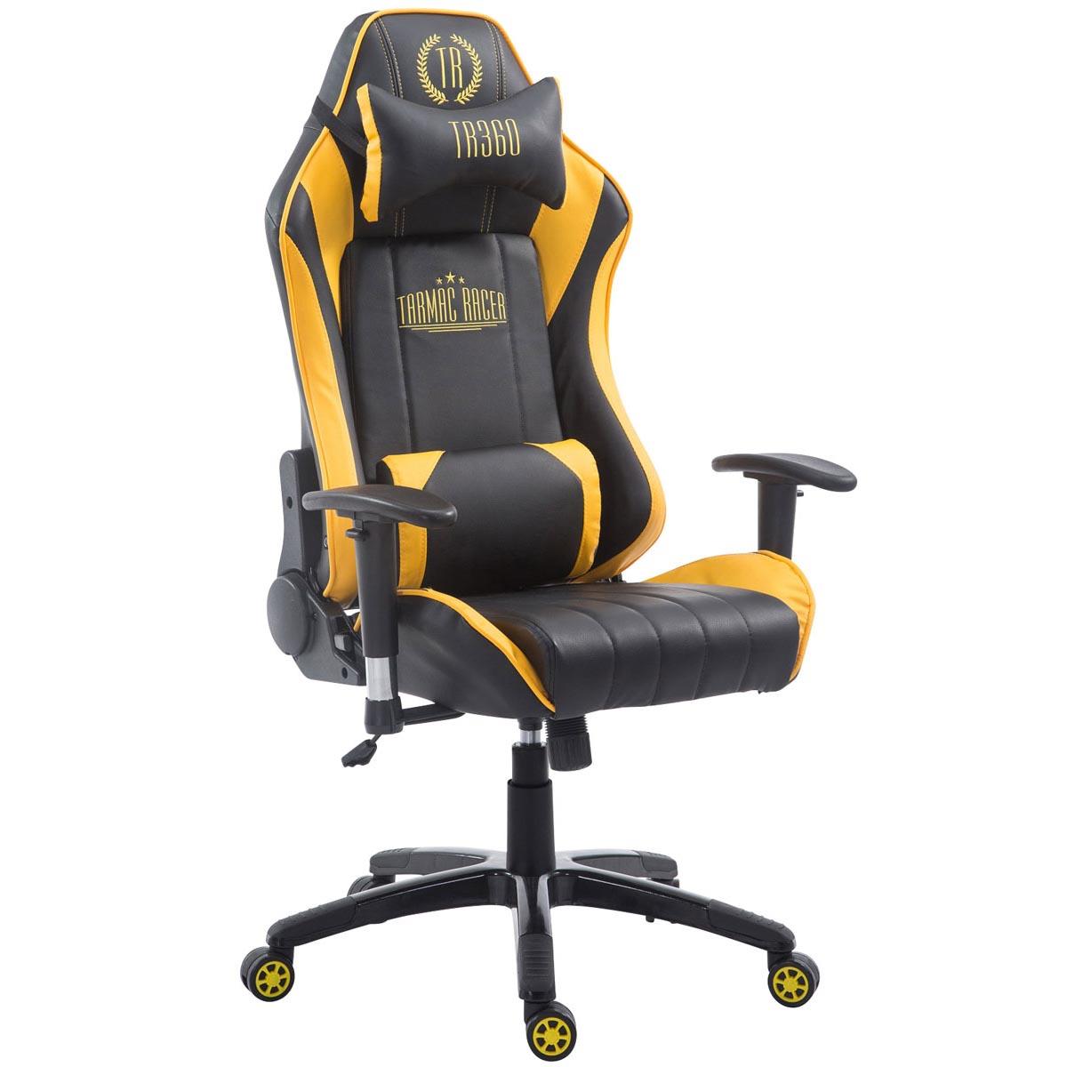 Gaming-Stuhl TURBO LEDER, neigbare Rückenlehne, Nacken- und Lordosekissen, Farbe Schwarz / Gelb