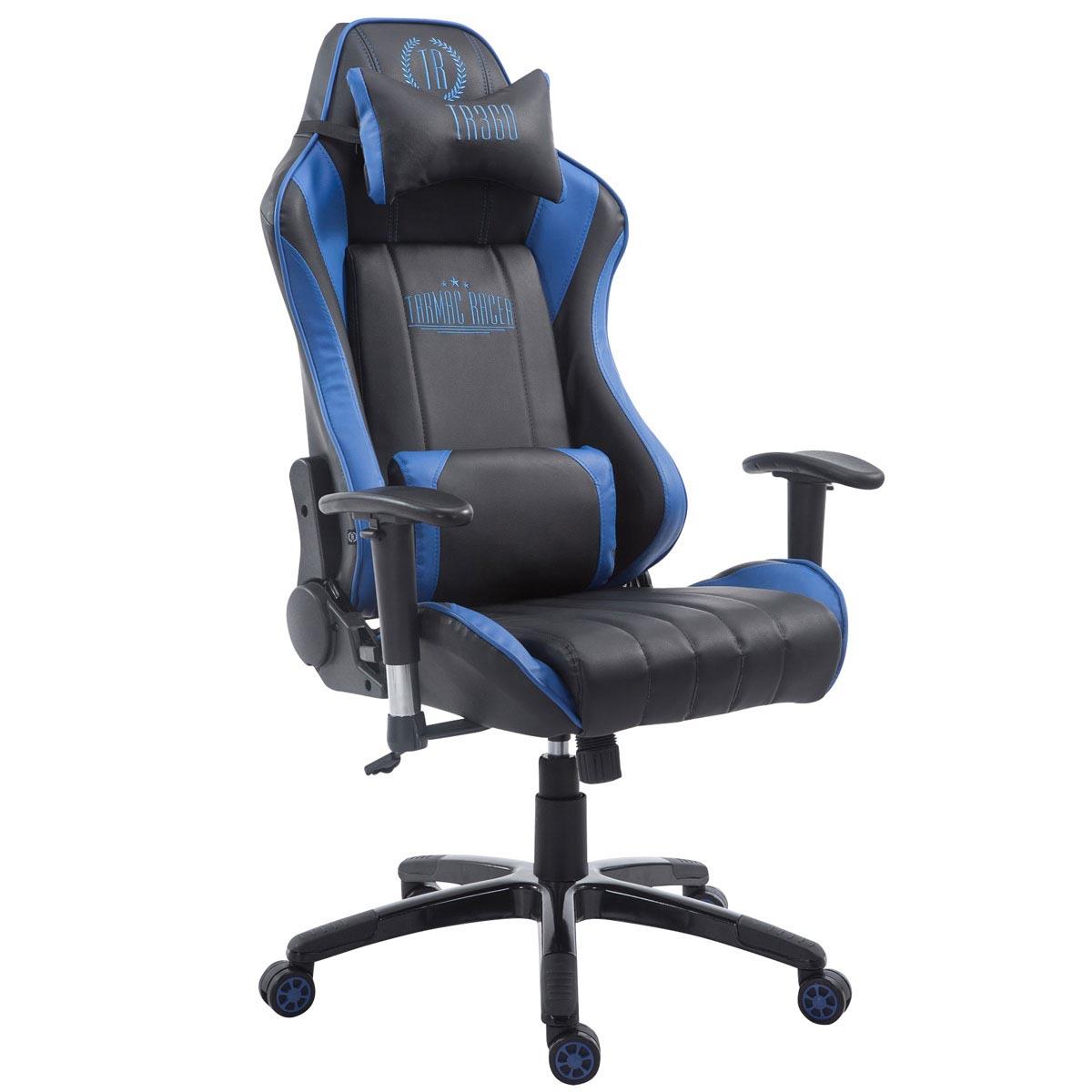 Gaming-Stuhl TURBO LEDER, neigbare Rückenlehne, Nacken- und Lordosekissen, Farbe Schwarz / Blau