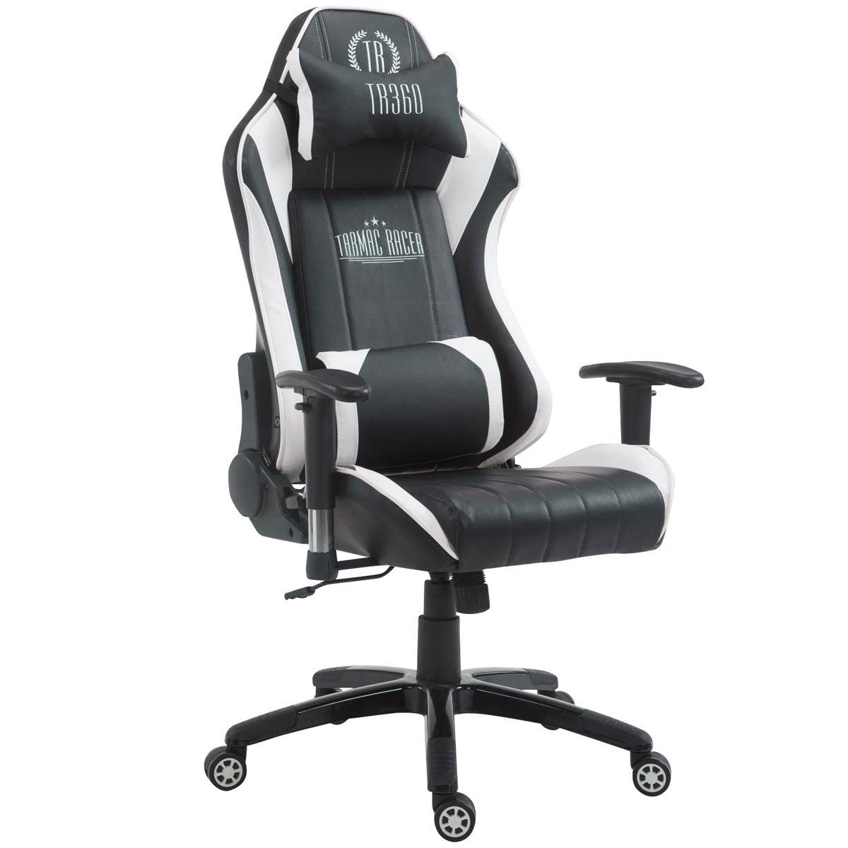 Gaming-Stuhl TURBO LEDER, neigbare Rückenlehne, Nacken- und Lordosekissen, Farbe Schwarz / Weiß