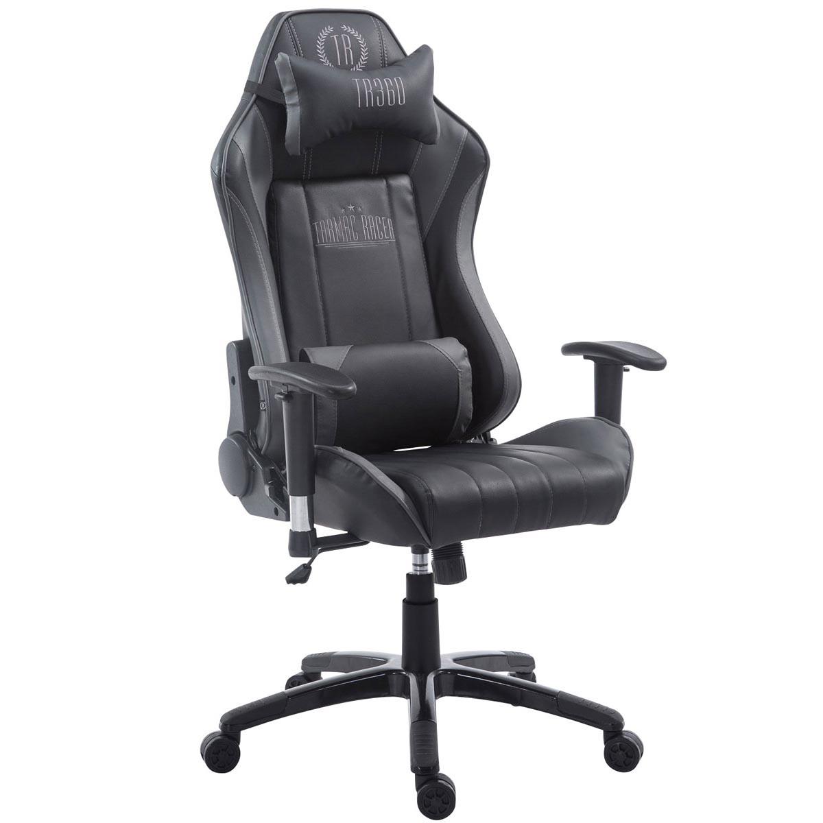Gaming-Stuhl TURBO LEDER, neigbare Rückenlehne, Nacken- und Lordosekissen, Farbe Schwarz / Grau