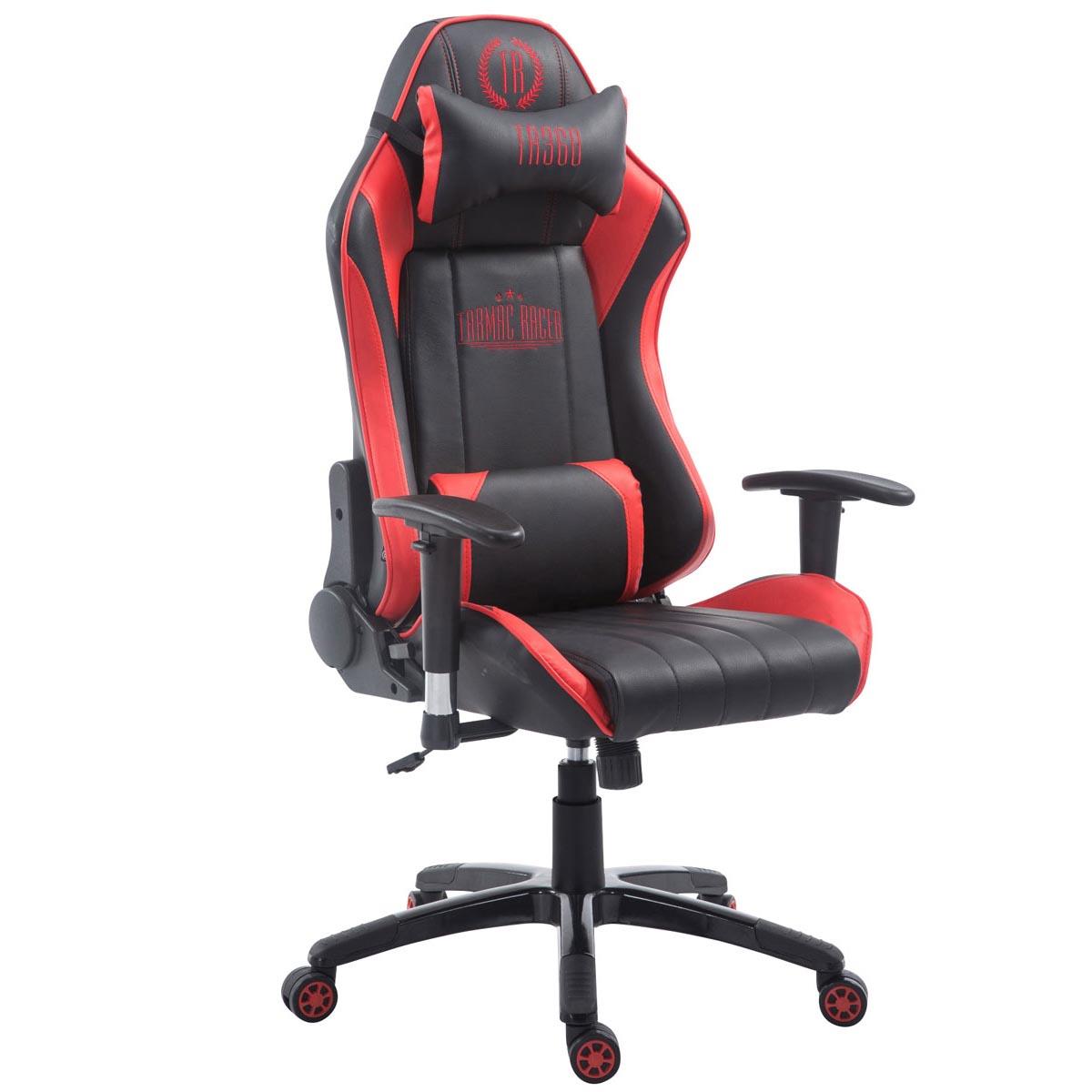 Gaming-Stuhl TURBO LEDER, neigbare Rückenlehne, Nacken- und Lordosekissen, Farbe Schwarz / Rot