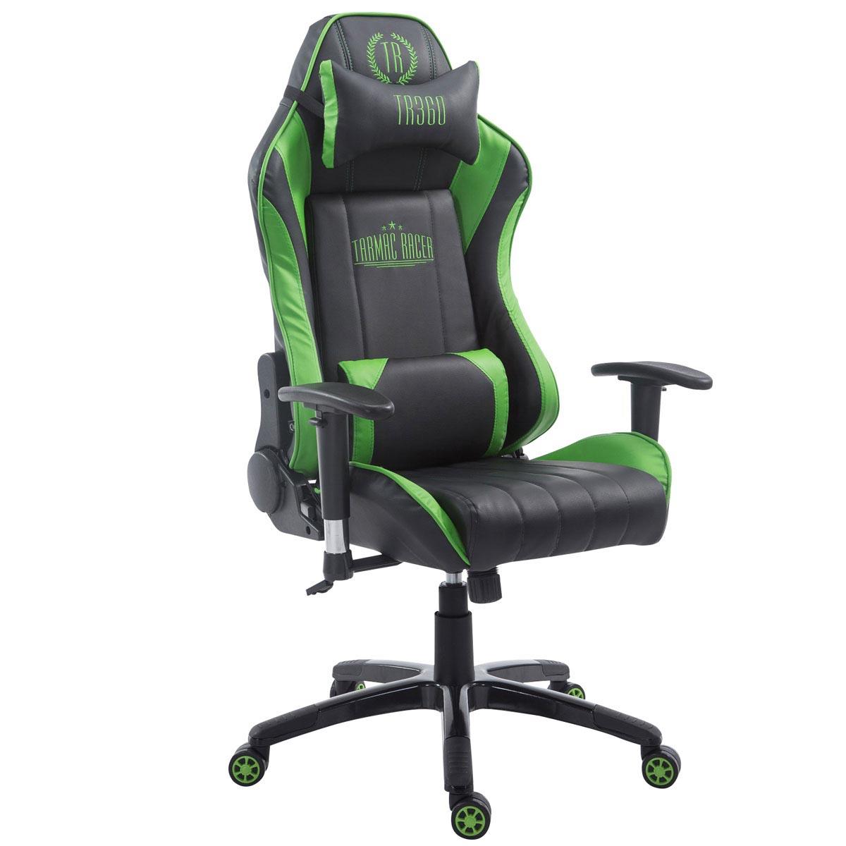 Gaming-Stuhl TURBO LEDER, neigbare Rückenlehne, Nacken- und Lordosekissen, Farbe Schwarz / Grün