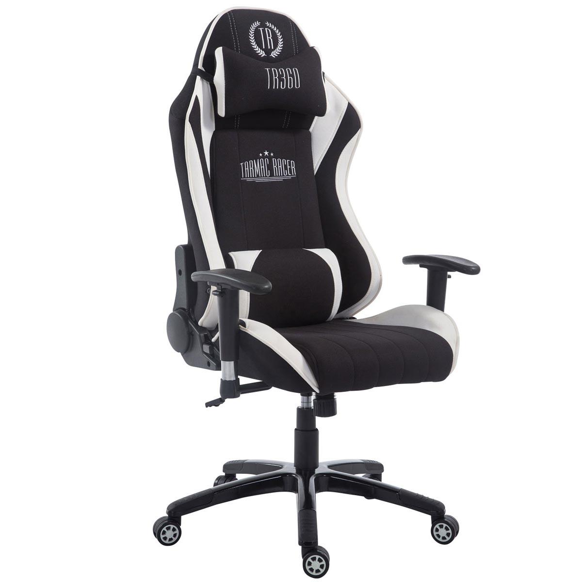 Gaming-Stuhl TURBO STOFF, neigbare Rückenlehne, Nacken- und Lordosekissen, Farbe Schwarz / Weiß