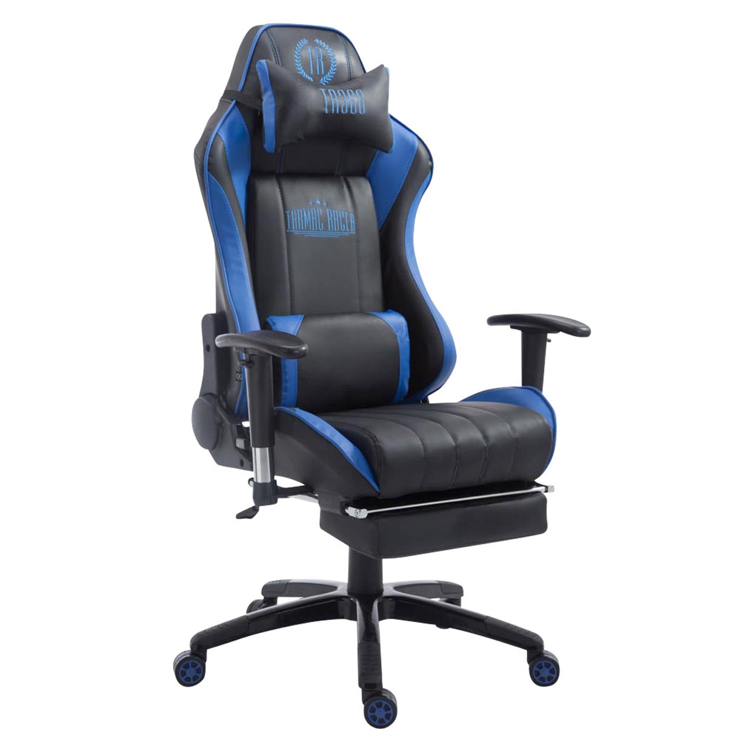 Gaming-Stuhl TURBO LEDER mit Fußablage, neigbare Rückenlehne, Nacken- und Lordosekissen, Farbe Schwarz / Blau