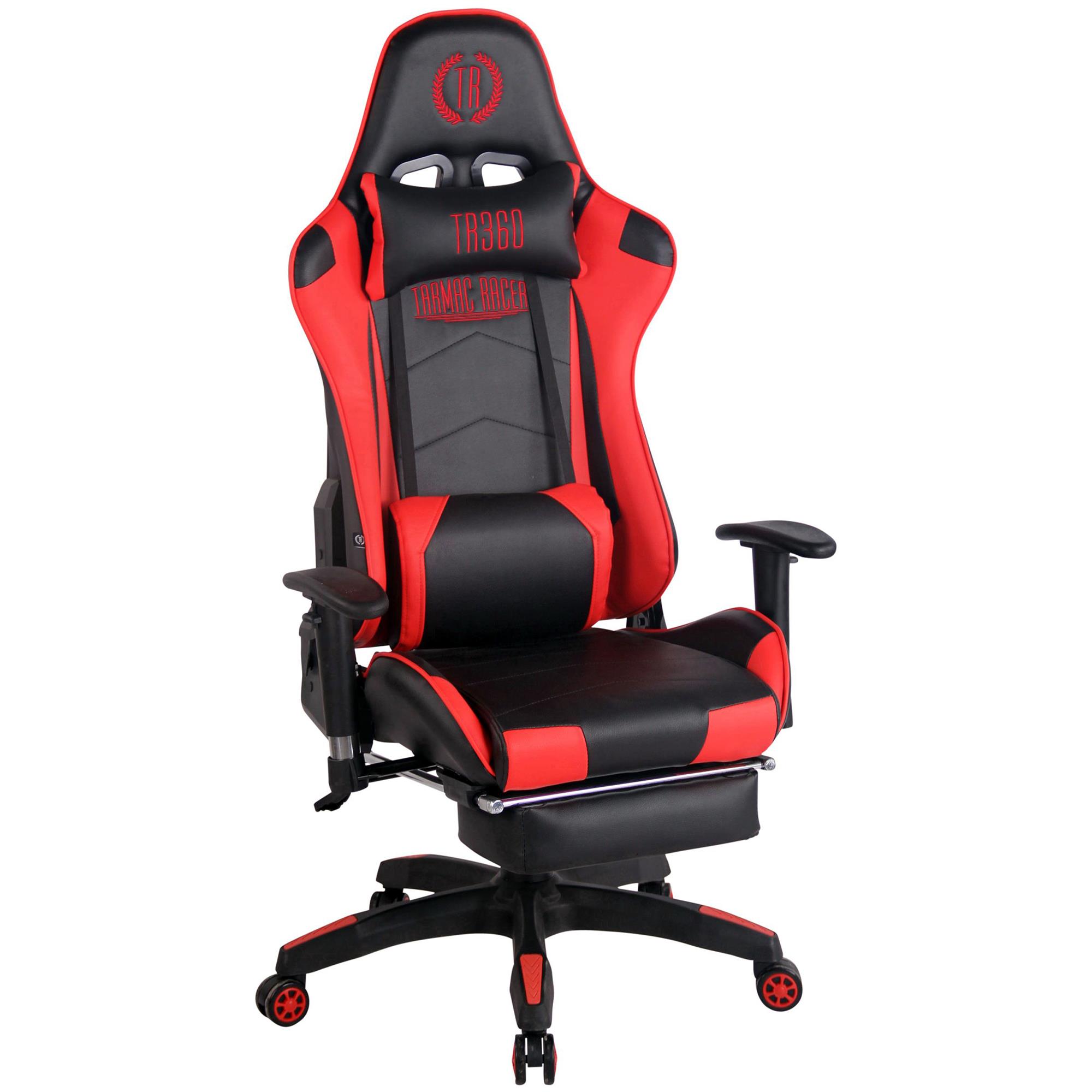 Gaming-Stuhl TURBO LEDER mit Fußablage, neigbare Rückenlehne, Nacken- und Lordosekissen, Farbe Schwarz / Rot