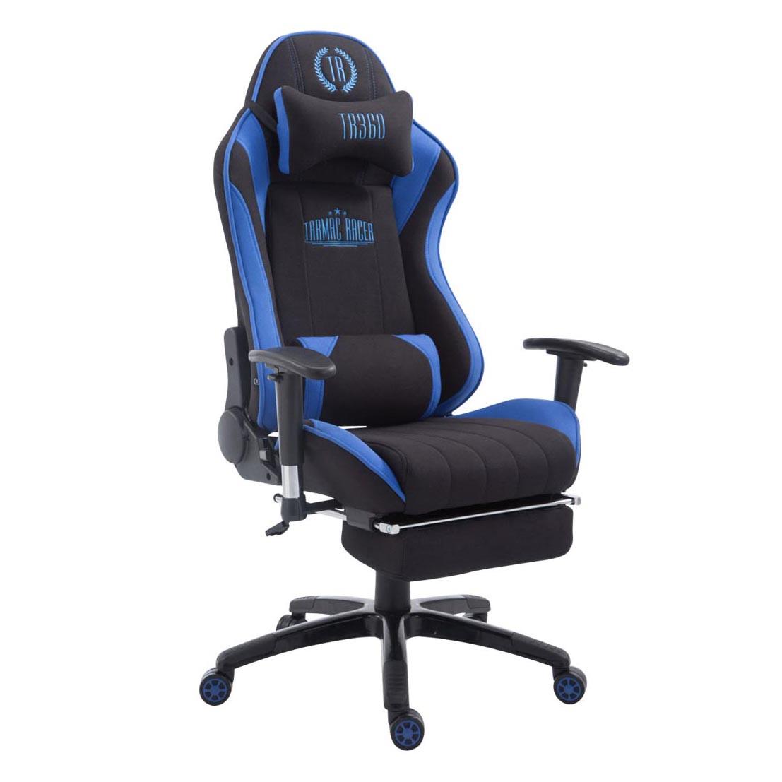 Gaming-Stuhl TURBO STOFF mit Fußablage, neigbare Rückenlehne, Nacken- und Lordosekissen, Farbe Schwarz / Blau