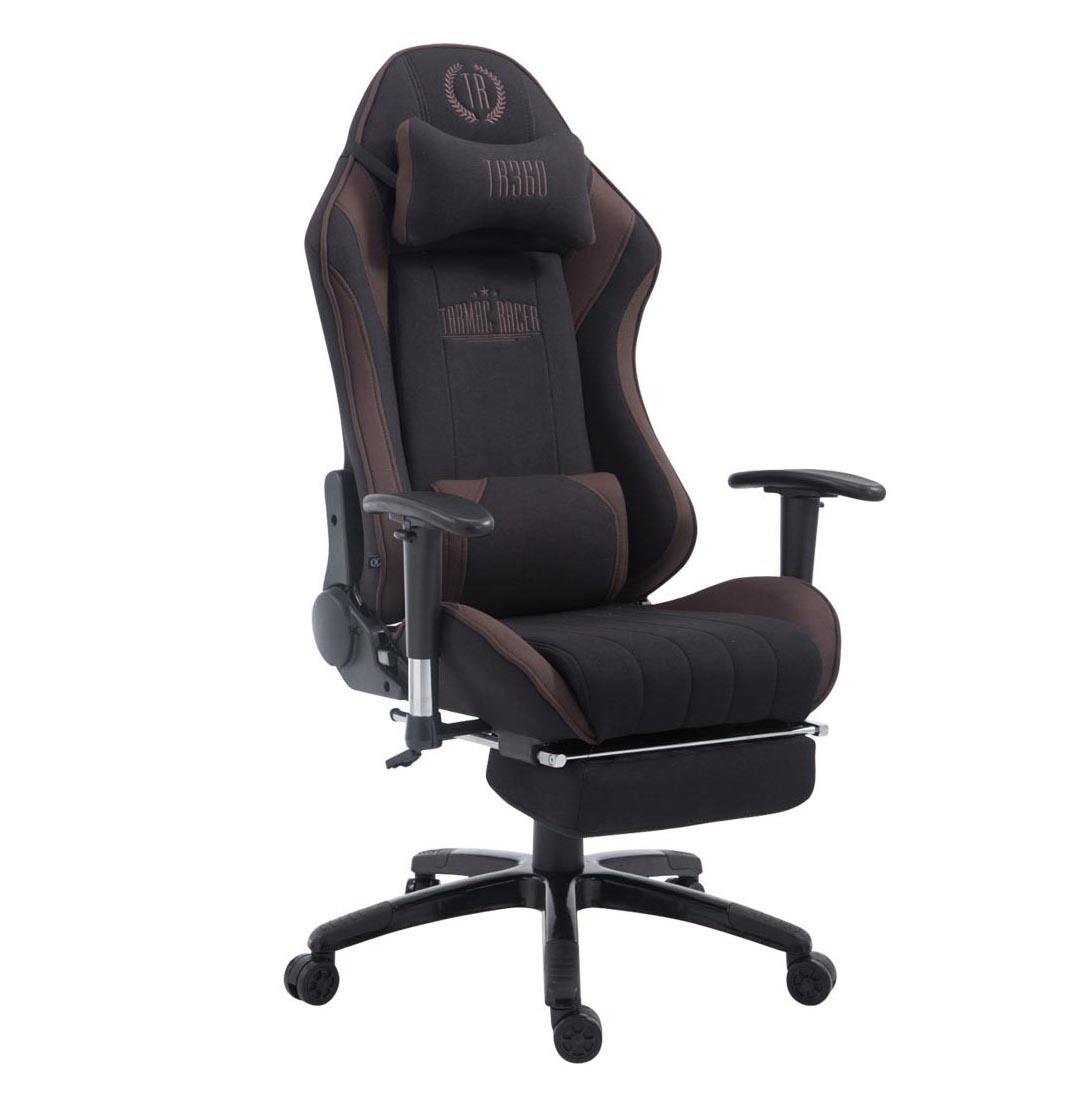 Gaming-Stuhl TURBO STOFF mit Fußablage, neigbare Rückenlehne, Nacken- und Lordosekissen, Farbe Schwarz / Braun