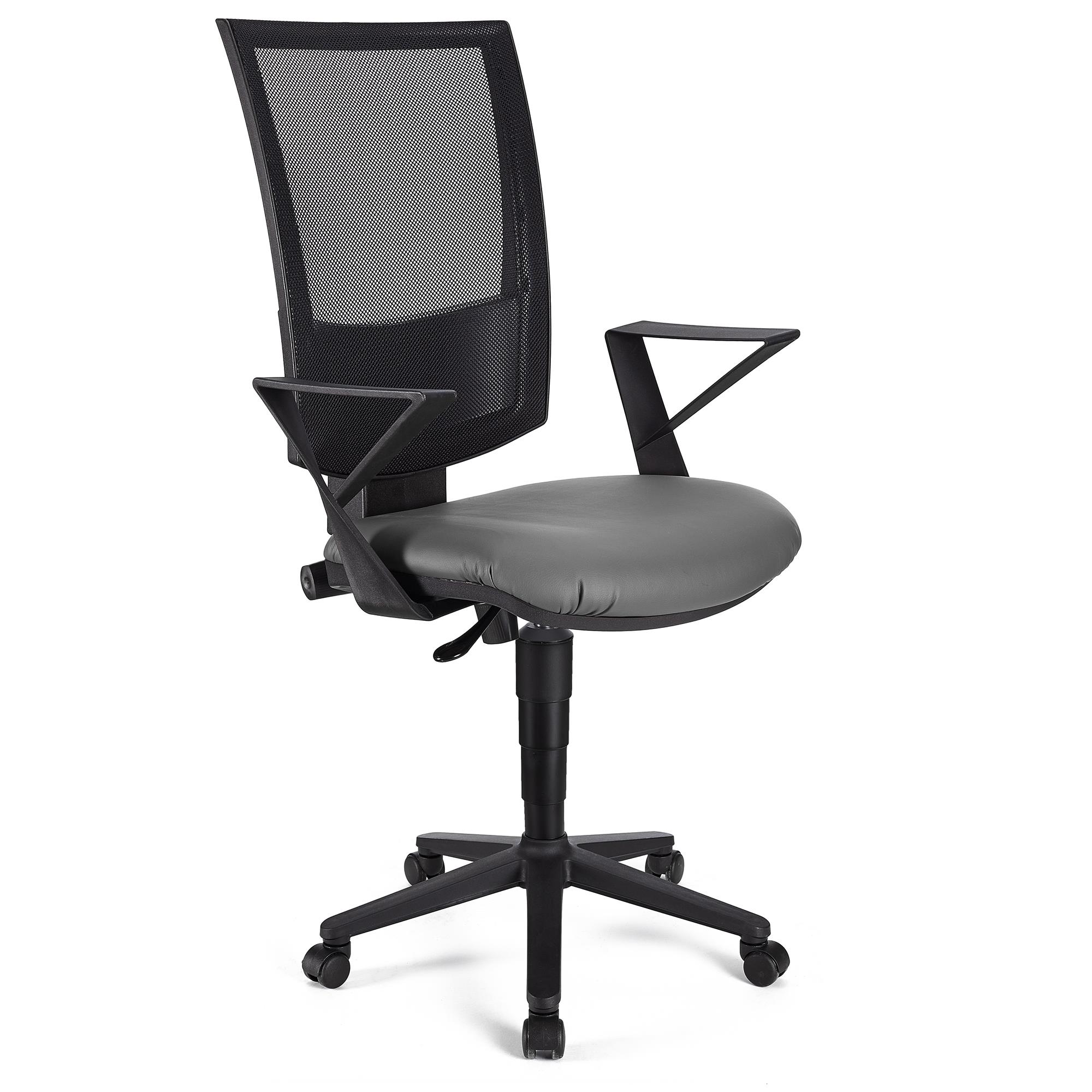 Bürostuhl PANDORA LEDER mit Armlehnen, Rückenlehne mit Netzbezug, dicke Polsterung, Farbe Grau