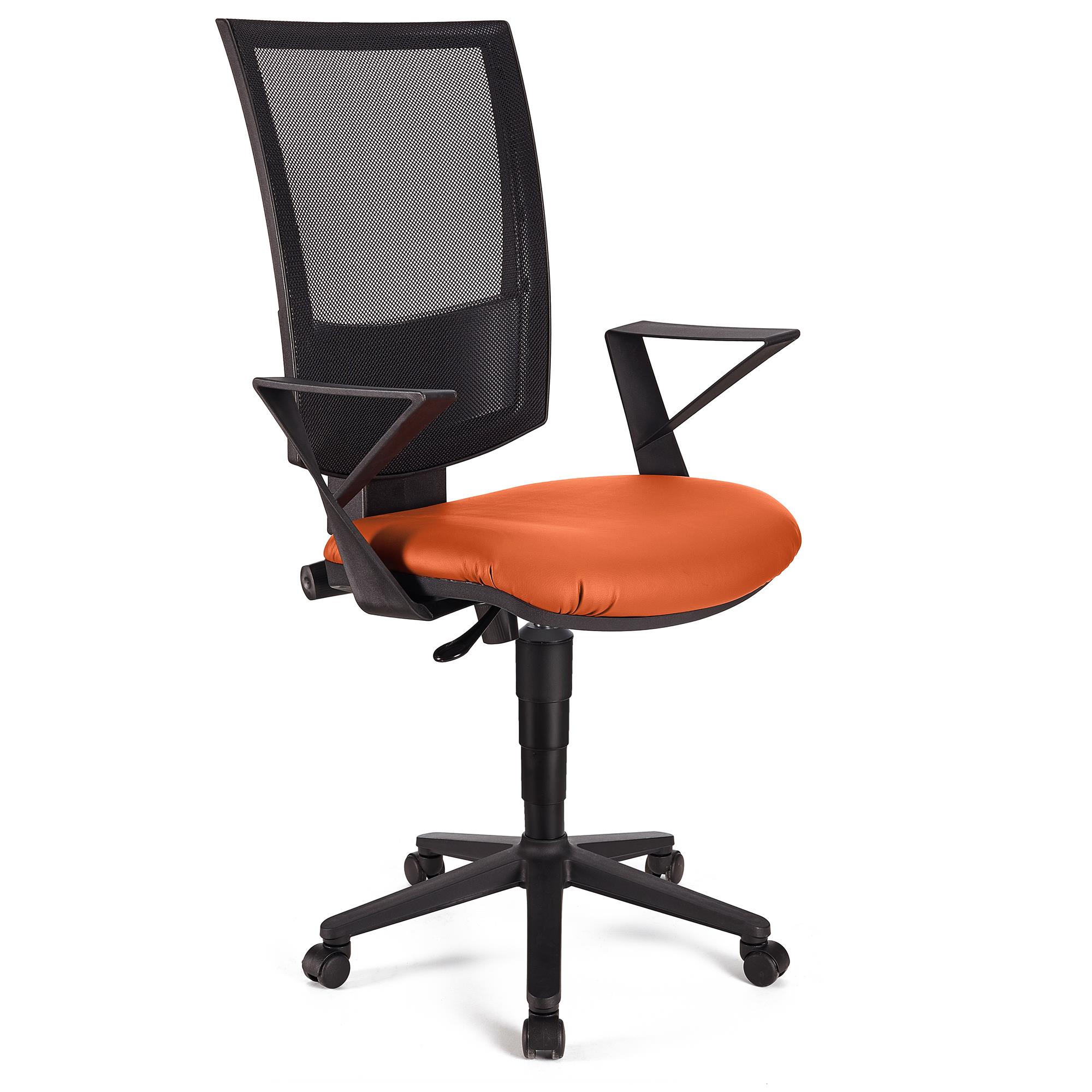 Bürostuhl PANDORA LEDER mit Armlehnen, Rückenlehne mit Netzbezug, dicke Polsterung, Farbe Orange