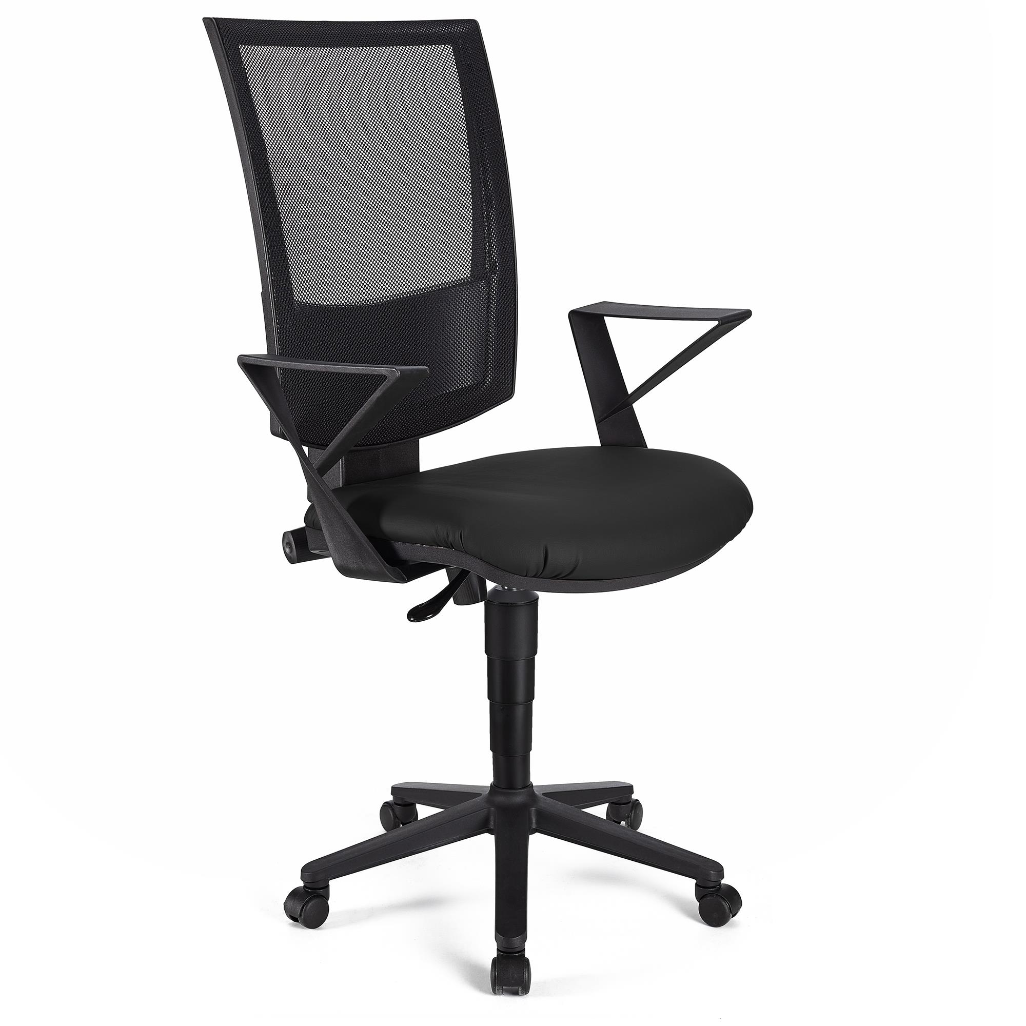 Bürostuhl PANDORA LEDER mit Armlehnen, Rückenlehne mit Netzbezug, dicke Polsterung, Farbe Schwarz