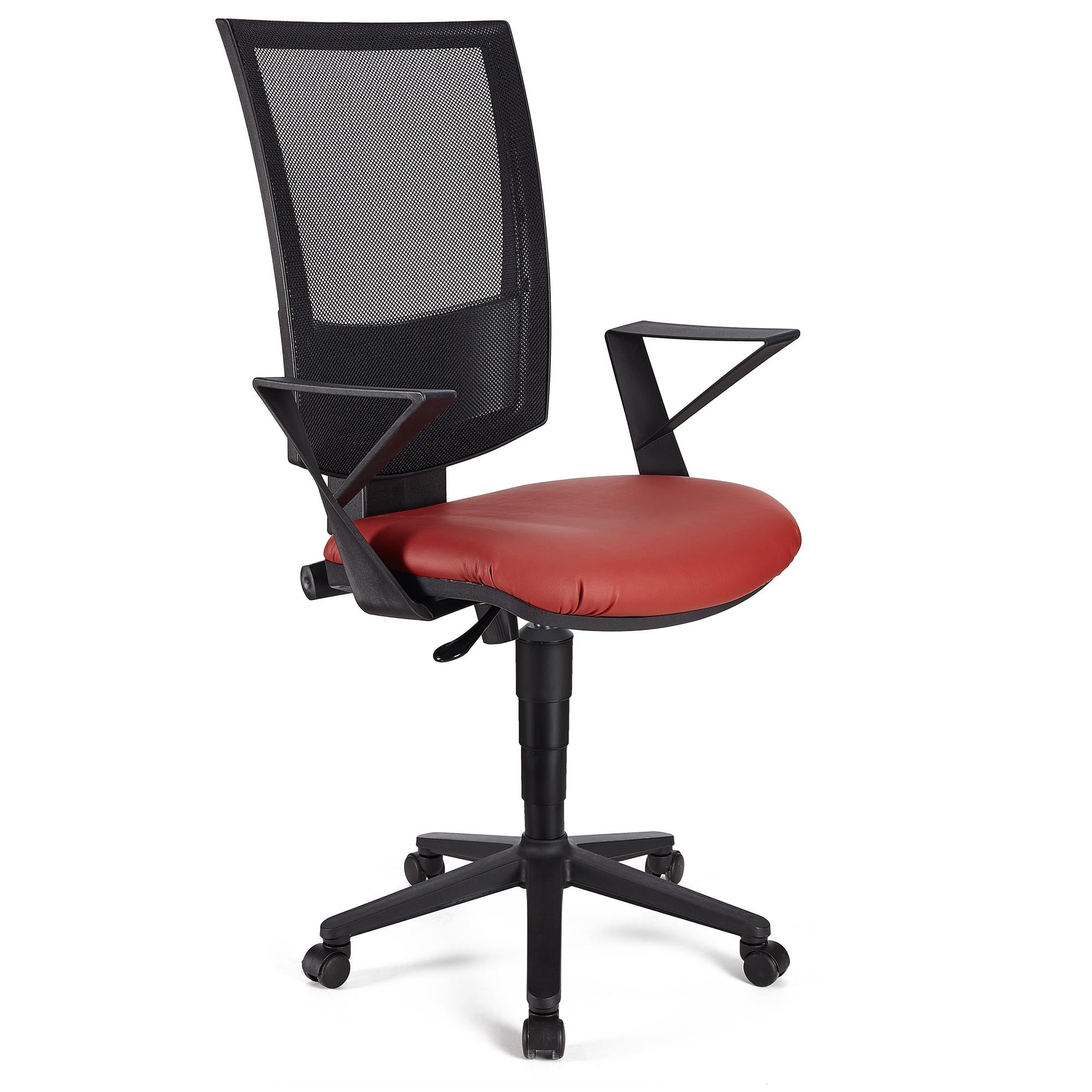 Bürostuhl PANDORA LEDER mit Armlehnen, Rückenlehne mit Netzbezug, dicke Polsterung, Farbe Rot