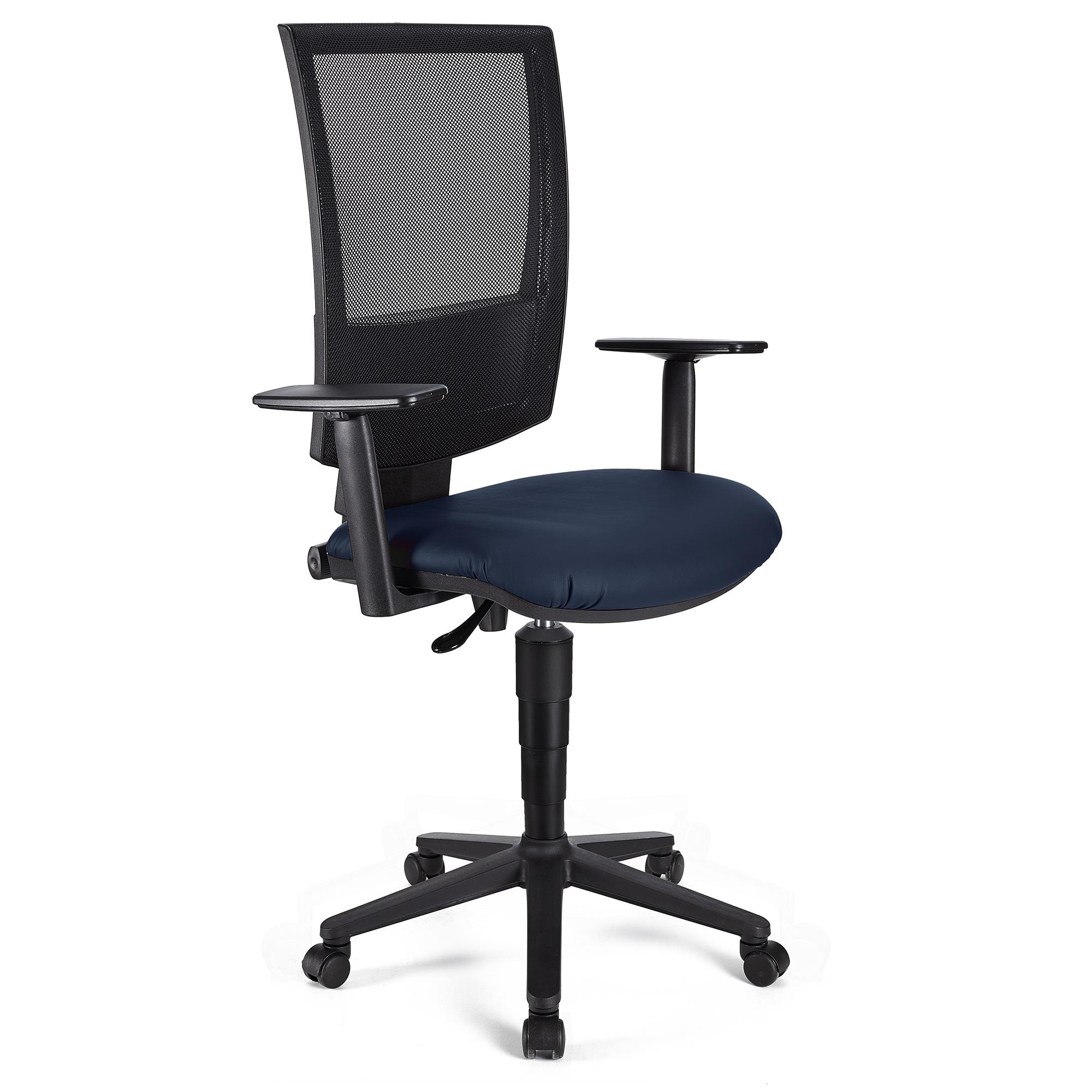 Bürostuhl PANDORA PLUS LEDER mit verstellbaren Armlehnen, Rückenlehne mit Netzbezug, dicke Polsterung, Farbe Blau