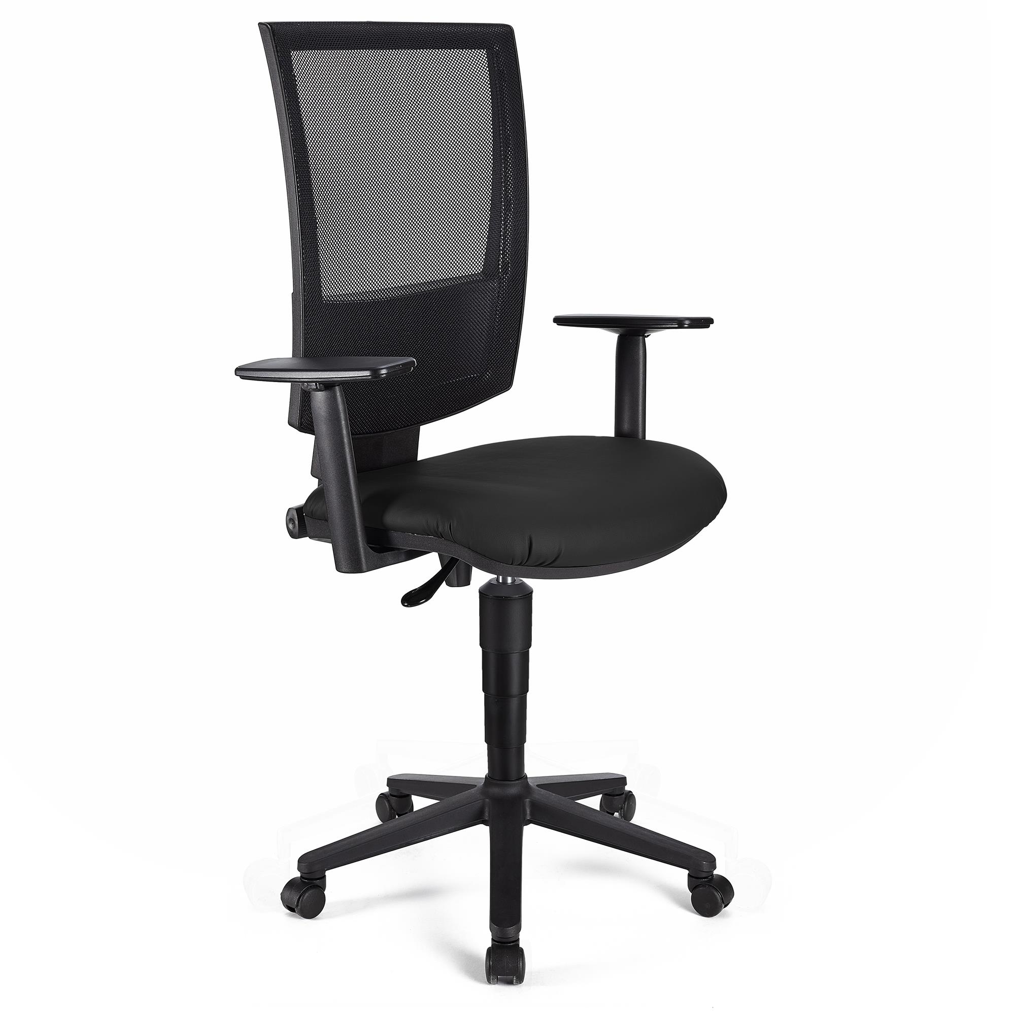 Bürostuhl PANDORA PLUS LEDER mit verstellbaren Armlehnen, Rückenlehne mit Netzbezug, dicke Polsterung, Farbe Schwarz