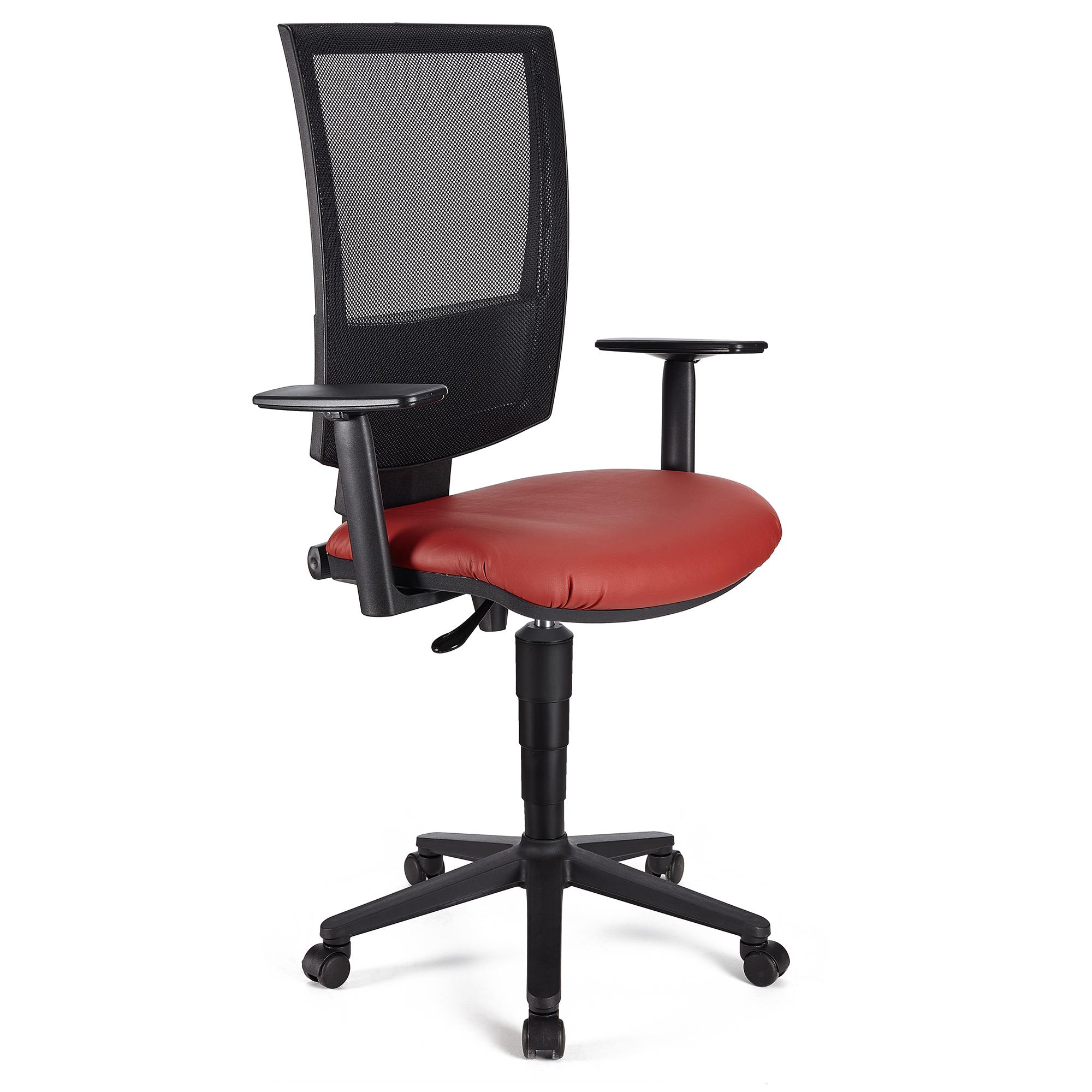 Bürostuhl PANDORA PLUS LEDER mit verstellbaren Armlehnen, Rückenlehne mit Netzbezug, dicke Polsterung, Farbe Rot