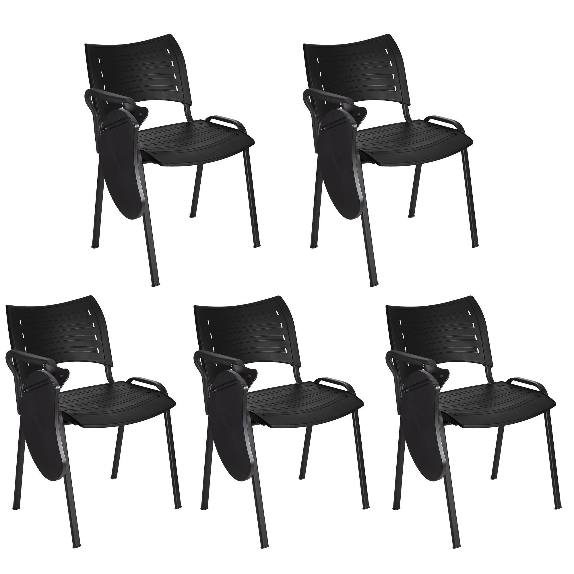 Im 5er-Set: Besucherstuhl ELVA B MIT SCHREIBBRETT, stapelbar und sehr praktisch, schwarze Stuhlbeine, Farbe Schwarz