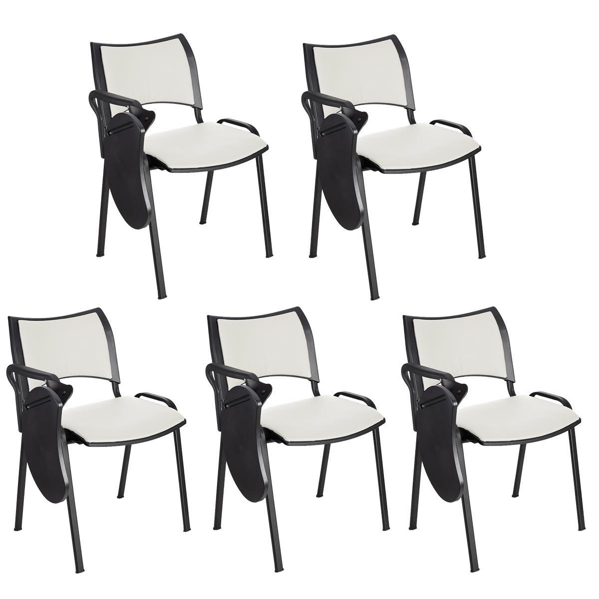 Im 5er-Set: Besucherstuhl ROMEL LEDER MIT SCHREIBBRETT, bequeme Polsterung, stapelbar, schwarze Stuhlbeine, Farbe Weiß