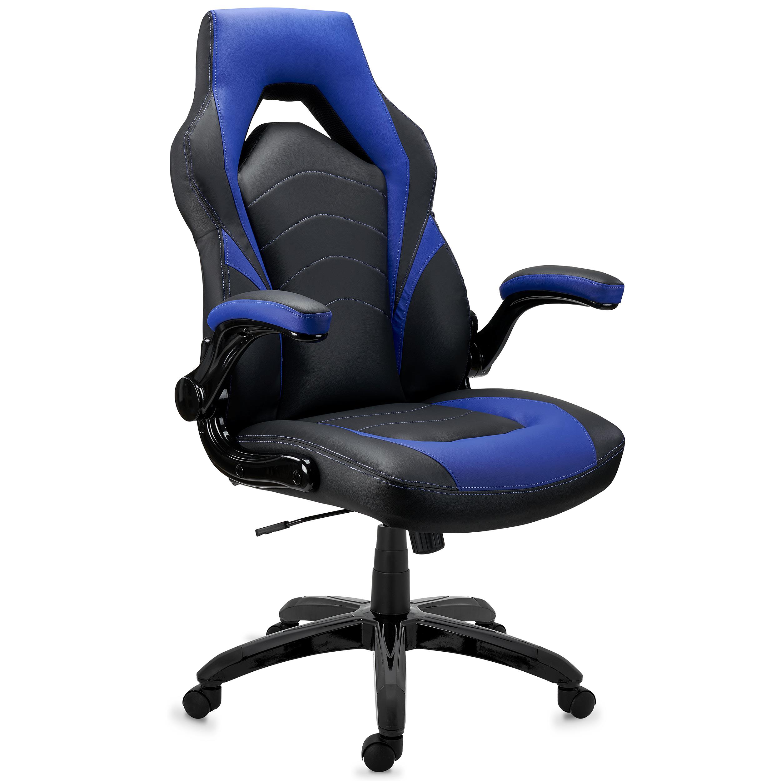 Gaming-Stuhl NITRO, dicke Polsterung, klappbare Armlehnen, Lederbezug, Farbe Schwarz / Blau