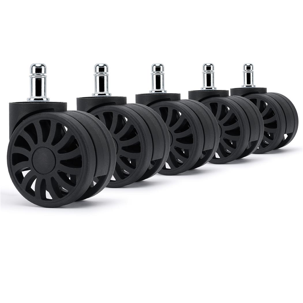 5er Set Teppichbodenrollen H3 für Büro- und Gamingstühle, 11 x 50 mm, Speichen-Design, Schwarz
