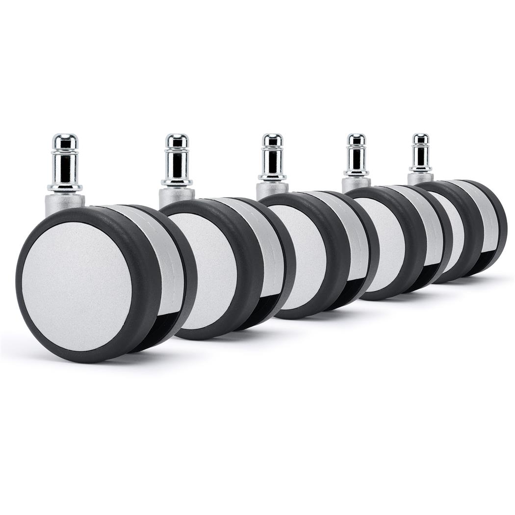 5er Set Teppichbodenrollen H6, Kunststoff, 11mm Stift, Kontrast-Design, Silber mit Schwarz