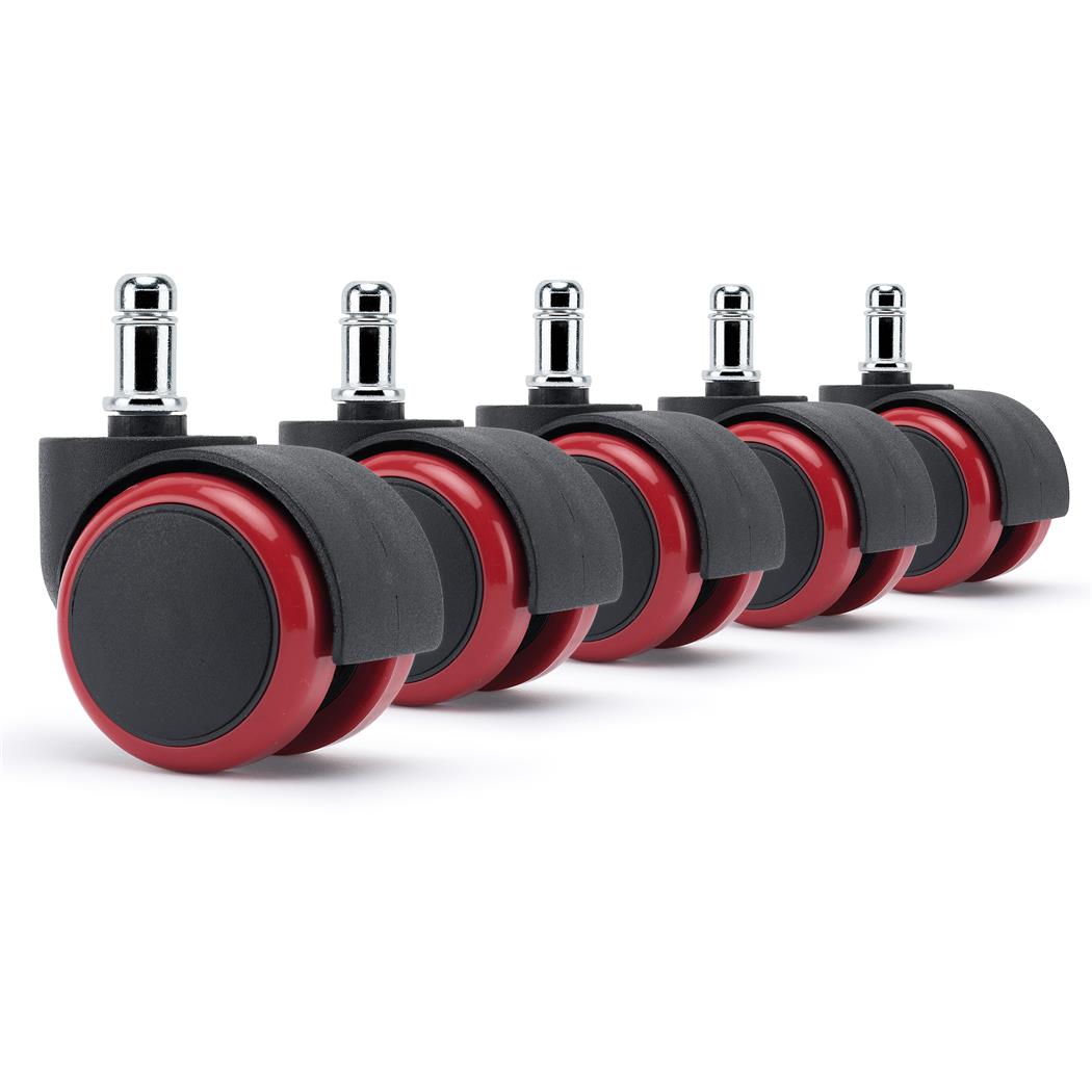 5er Set  Bürostuhlrollen H5, 11 x 50 mm, Doppelrollendesign, schwarz und rot