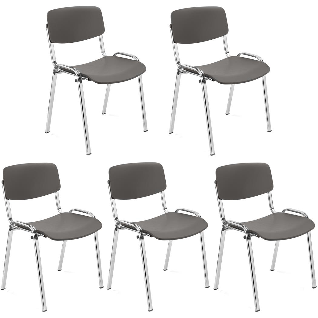 5er Set Konferenzstuhl MILKY, schönes schlichtes Design, stapelbar, verchromte Stuhlbeine, Kunststoff, Farbe Grau