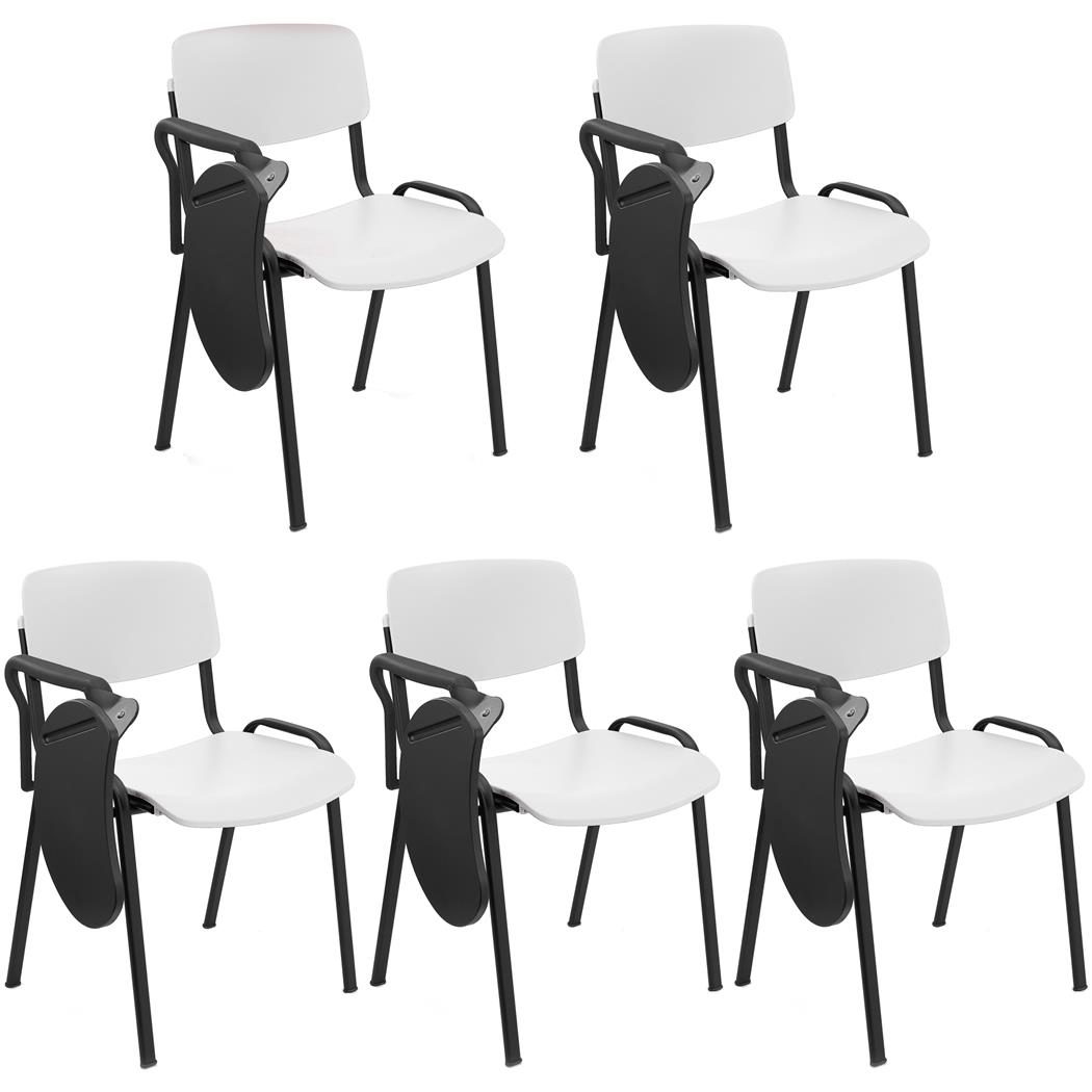 5er Set Konferenzstuhl MILKY mit Schreibbrett, schönes schlichtes Design, stapelbar, schwarze Stuhlbeine, Kunststoff, Farbe Weiß