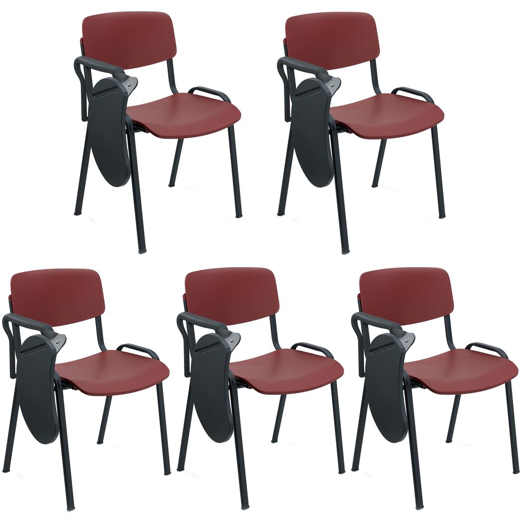 5er Set Konferenzstuhl MILKY mit Schreibbrett, schönes schlichtes Design, stapelbar, schwarze Stuhlbeine, Kunststoff, Farbe Burgund