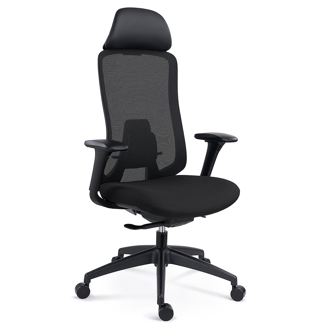 Ergonomischer Bürostuhl FENIX, Kopf- & Lordosenstütze, für die 8h-Nutzung, Netz & Stoffbezug, Farbe Schwarz