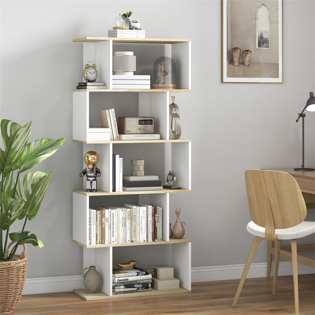 Büroregal BLIN, 70x29,5x163 cm, modernes originelles Design, Melaminholz, Farbe Weiß/ Natur 