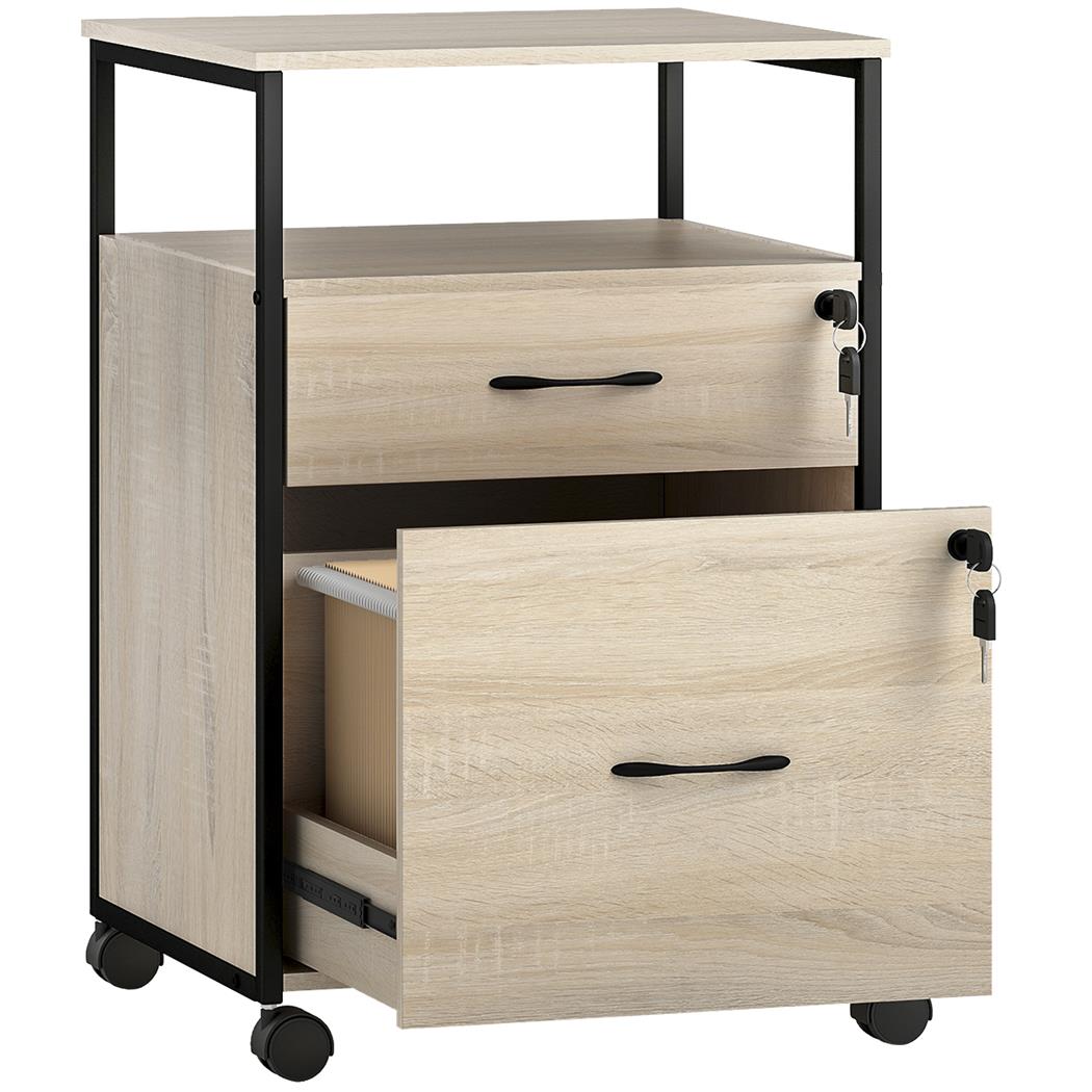 Rollcontainer TERSI, mit 2 Schubladen und Rollen, 44 × 40 × 66,5 cm, Farbe Eiche