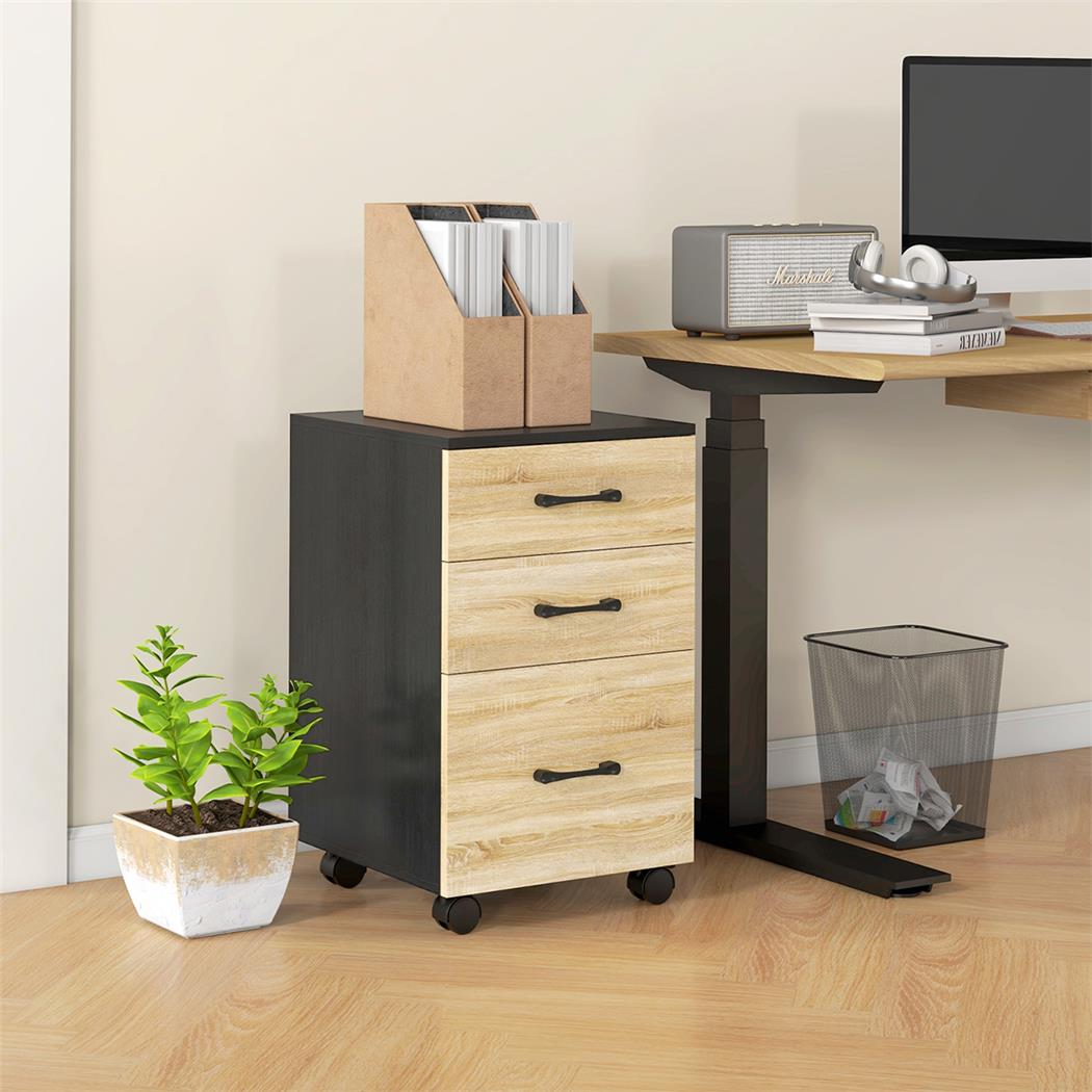Rollcontainer STONE, Aktenschrank, 3 Schubladen, Melaminholz, Farbe Schwarz/ Eiche