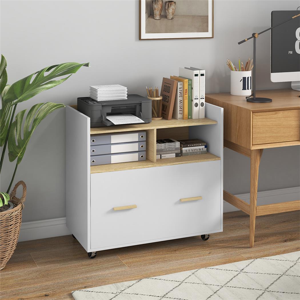 Büroschrank MISSI, Kommode mit Rollen und Schublade, 76x40x75,5 cm, Farbe Weiß/ Eiche