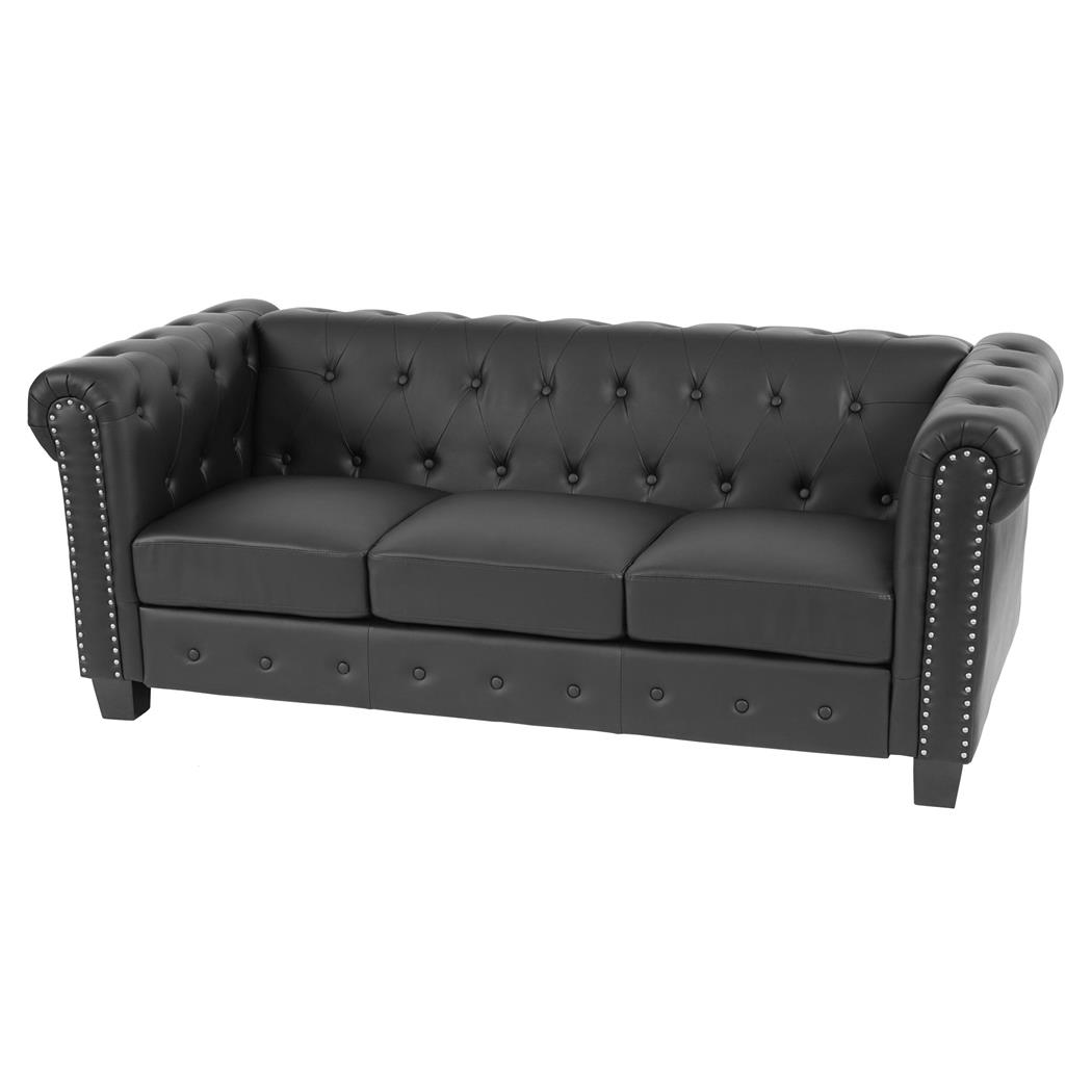 Bürosofa CHESTER, 3-Sitzer, klassisches und elegantes Design, Leder, quadratische Füße, Farbe schwarz