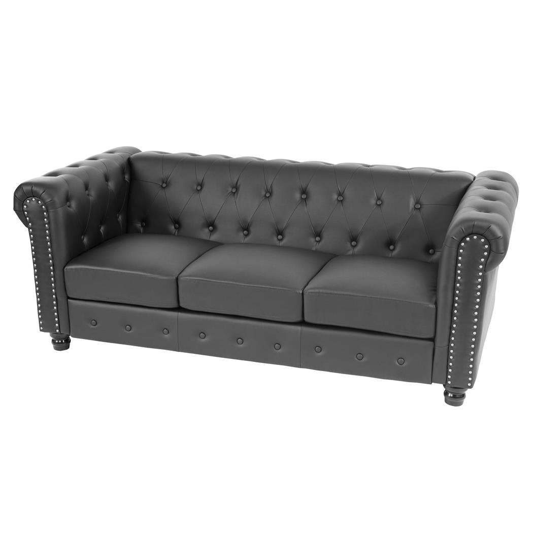 Bürosofa CHESTER, 3-Sitzer, klassisches und elegantes Design, Leder, quadratische Füße, Farbe Schwarz