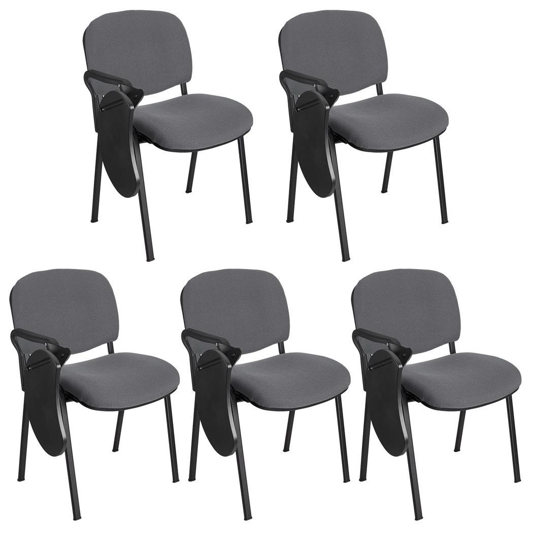 Im 5er-Set: Konferenzstuhl MOBY BASE STOFF mit klappbarem Schreibbrett, stapelbar und praktisch, schwarzes Gestell, Farbe Grau